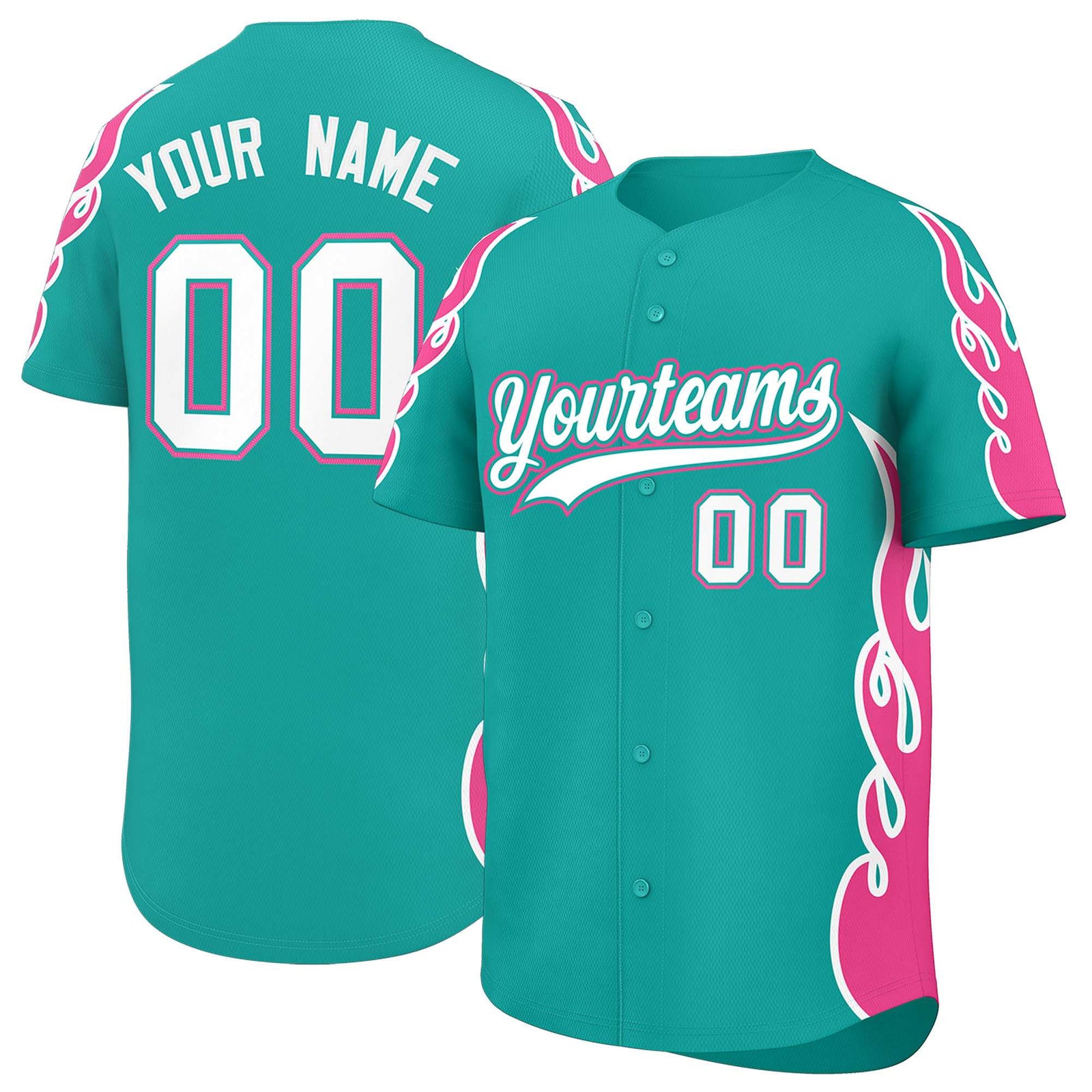 Custom Aqua Pink Side Flame Outline Pattern Sports Uniform Basetball Jersey