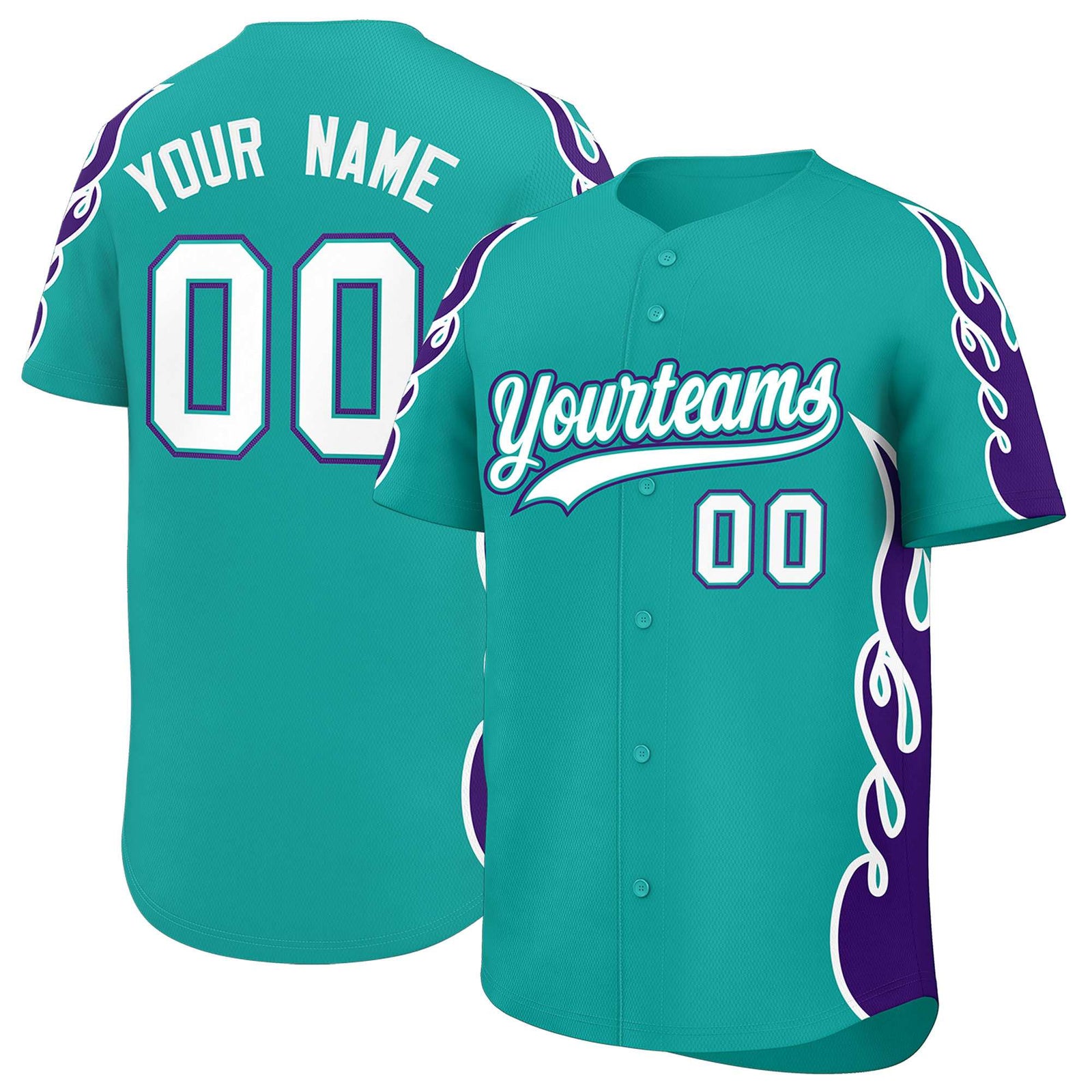 Custom Aqua Purple Side Flame Outline Pattern Sports Uniform Basetball Jersey