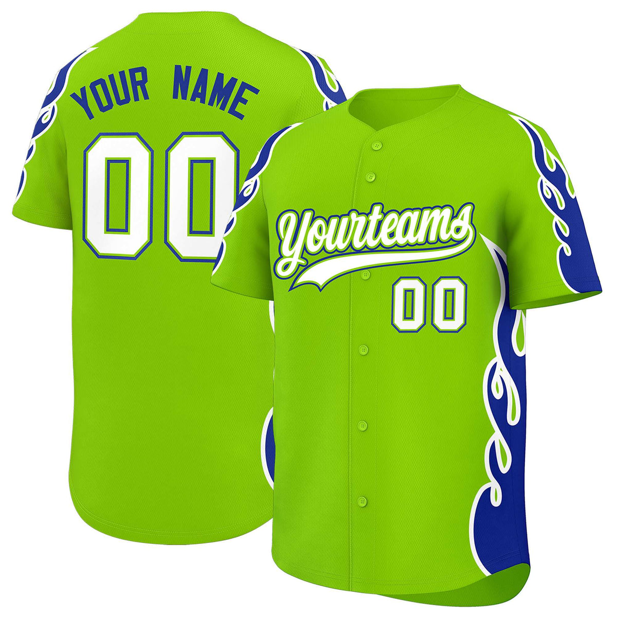Custom Neon Green Royal Side Flame Outline Pattern Sports Uniform Basetball Jersey