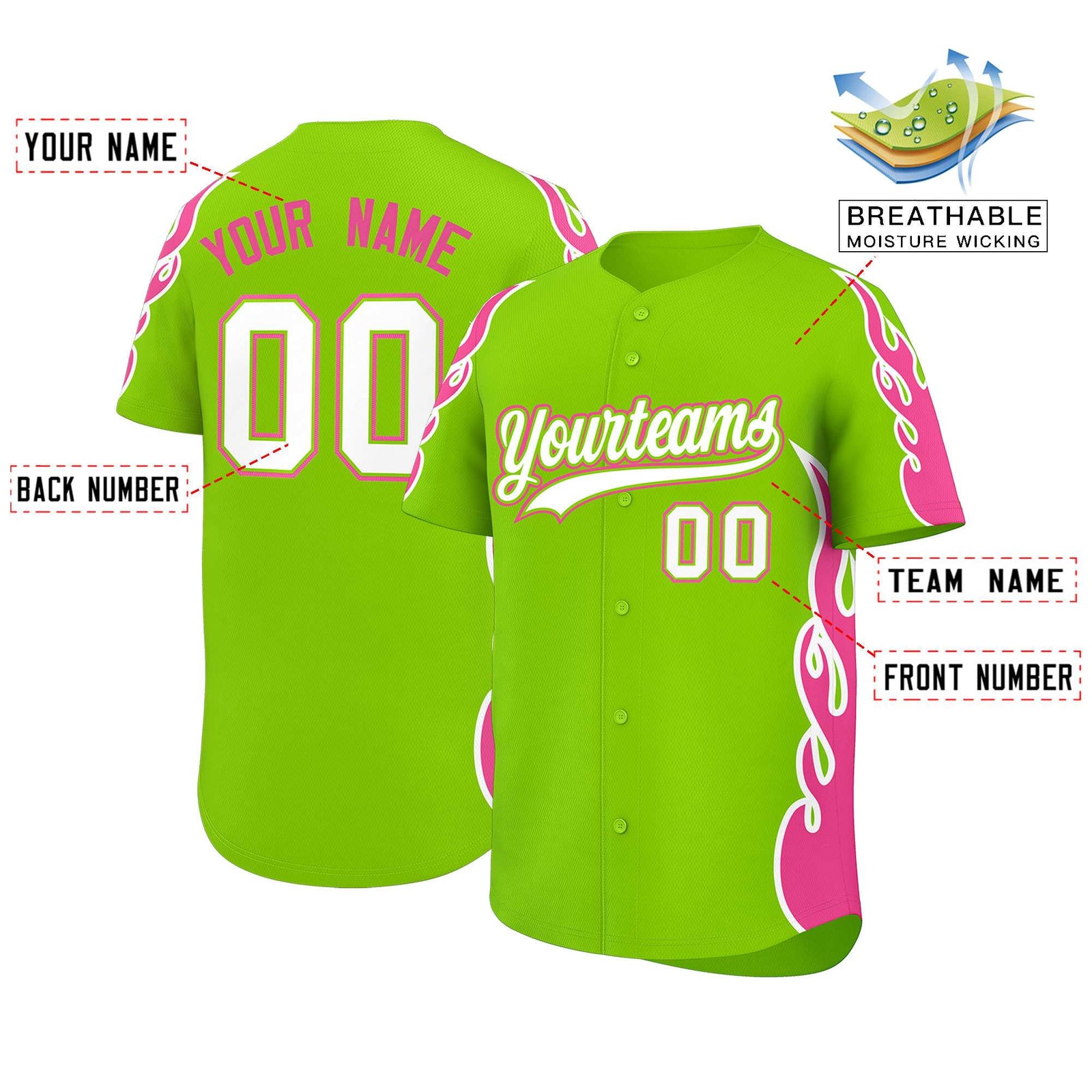 Custom Neon Green Pink Side Flame Outline Pattern Sports Uniform Basetball Jersey