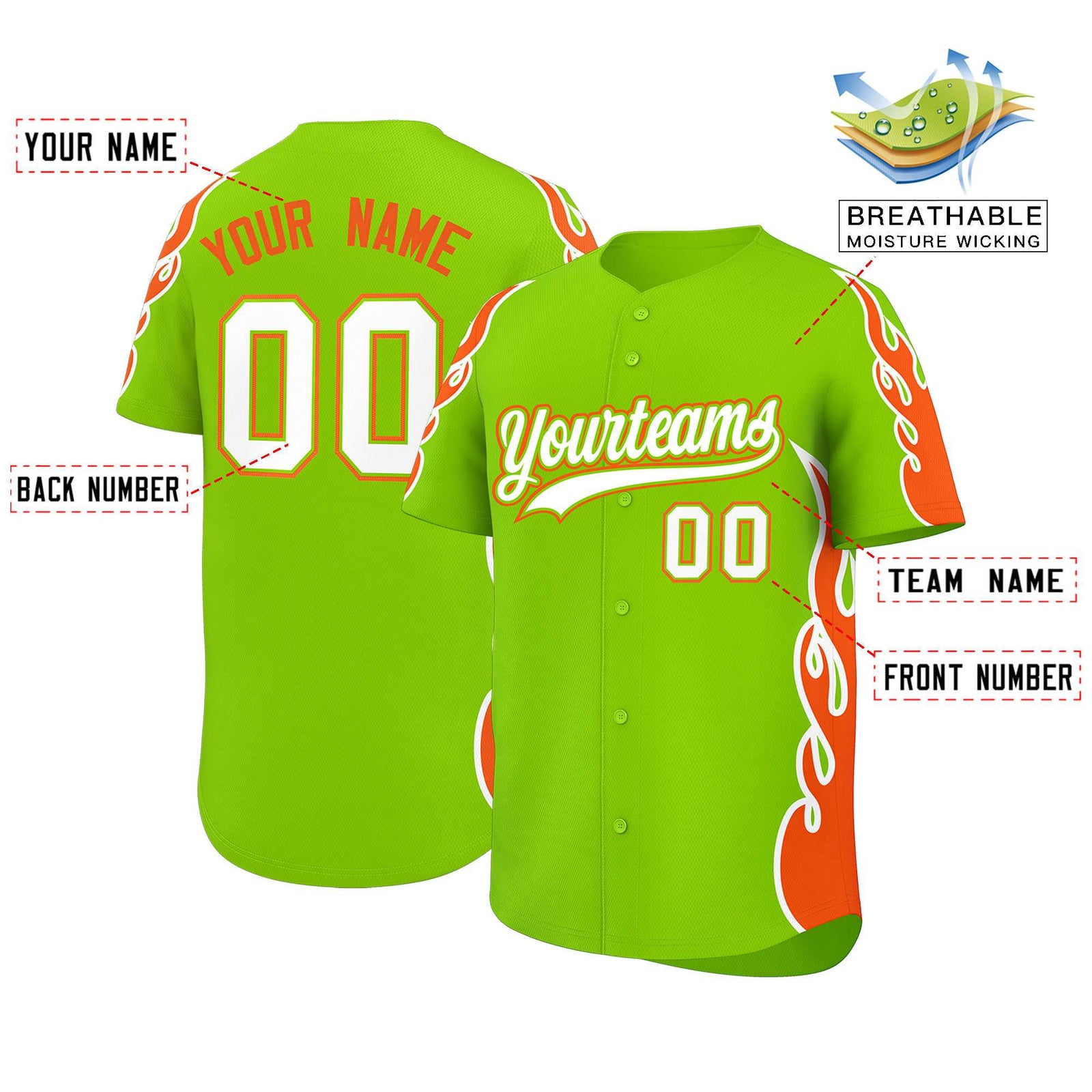 Custom Neon Green Orange Side Flame Outline Pattern Sports Uniform Basetball Jersey