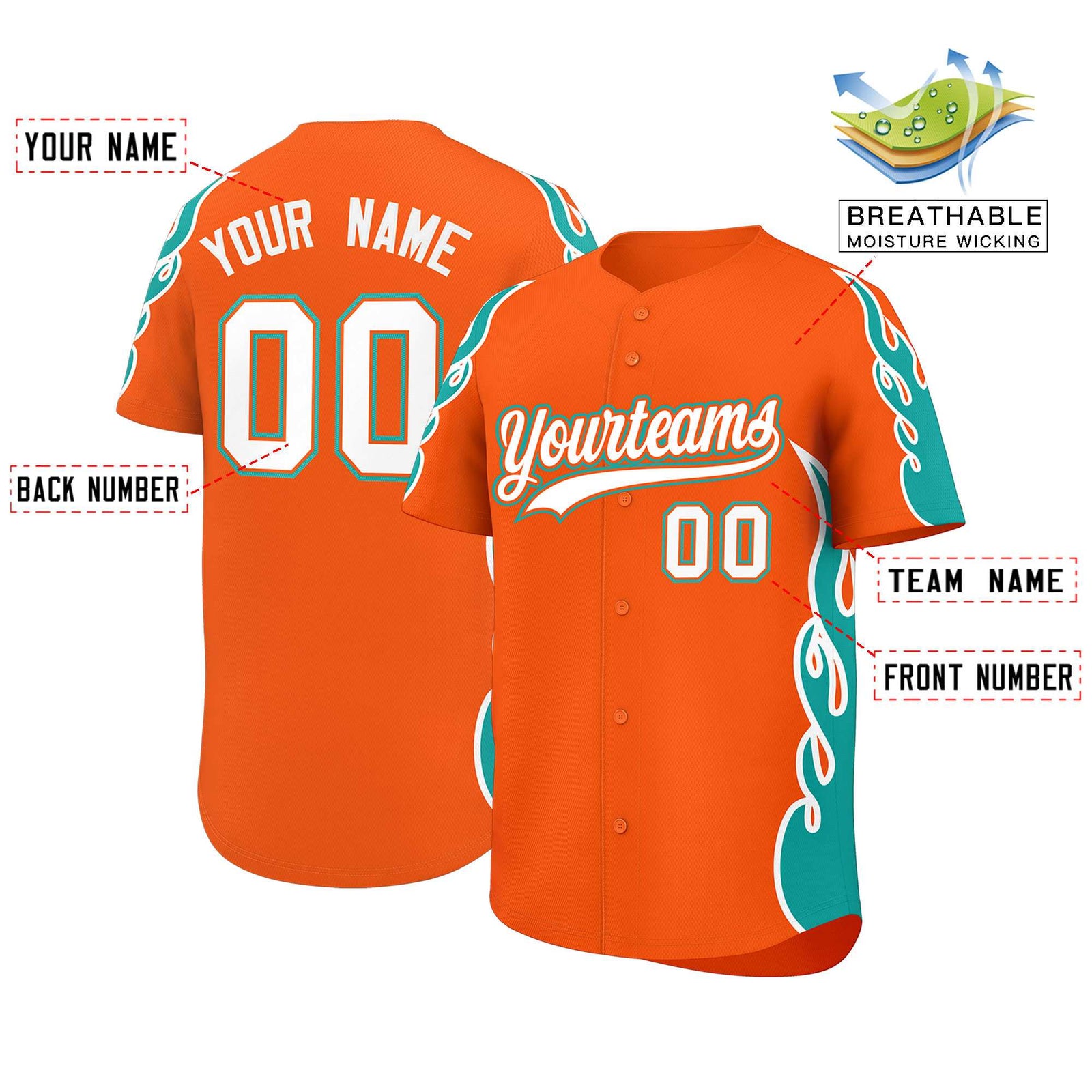Custom Orange Aqua Side Flame Outline Pattern Sports Uniform Basetball Jersey