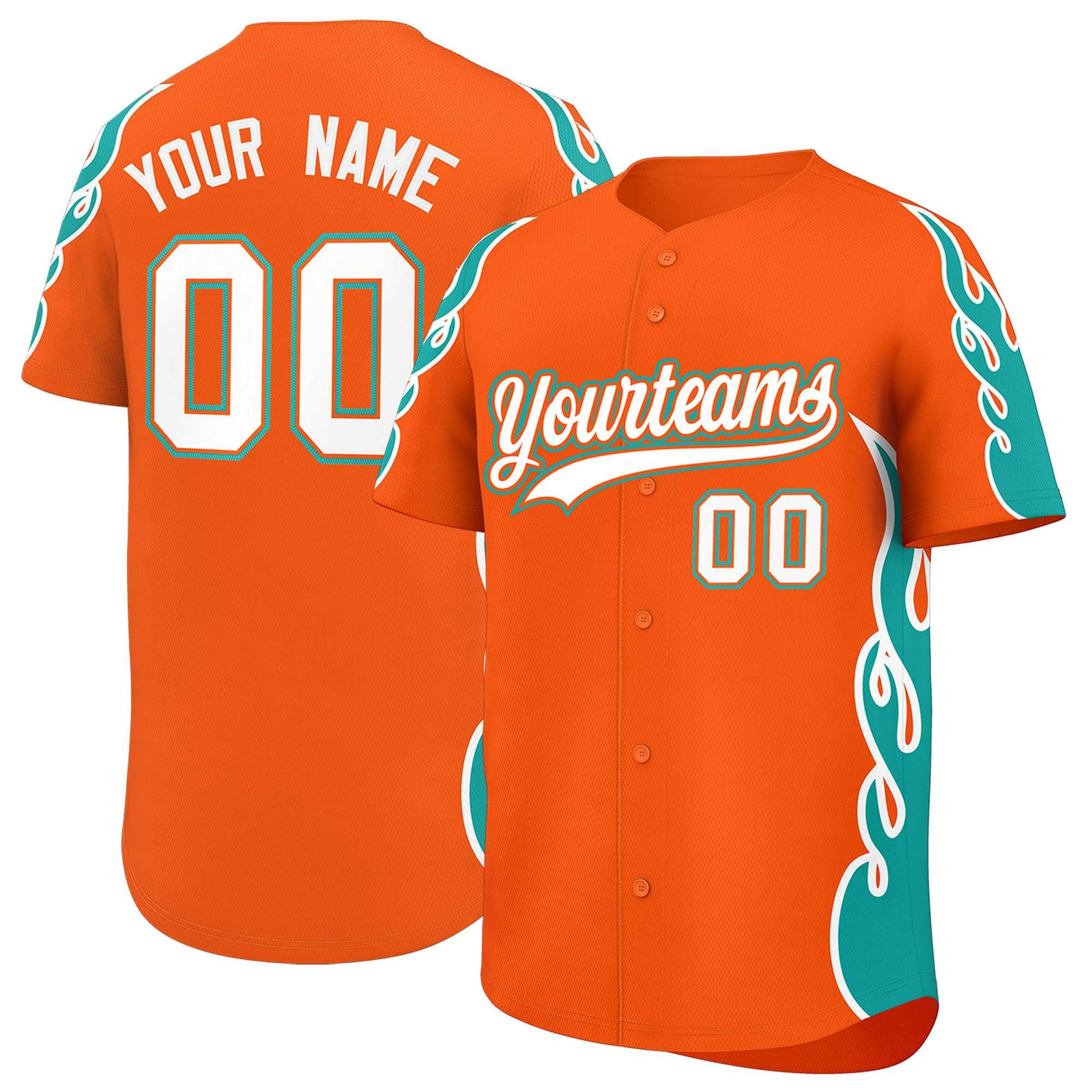 Custom Orange Aqua Side Flame Outline Pattern Sports Uniform Basetball Jersey