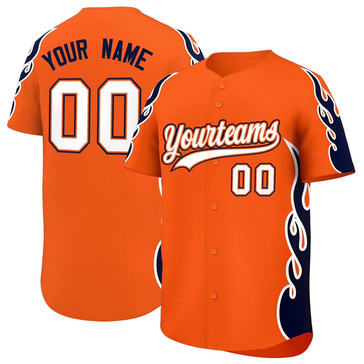 Custom Orange Navy Side Flame Outline Pattern Sports Uniform Basetball Jersey