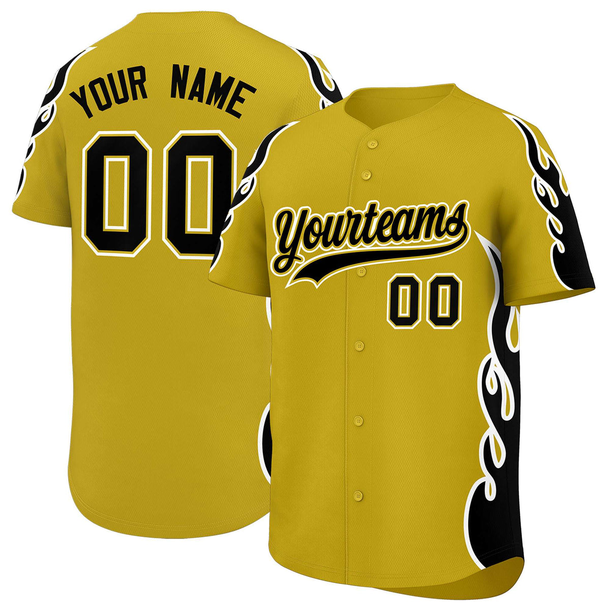 Custom Old Gold Black Side Flame Outline Pattern Sports Uniform Basetball Jersey