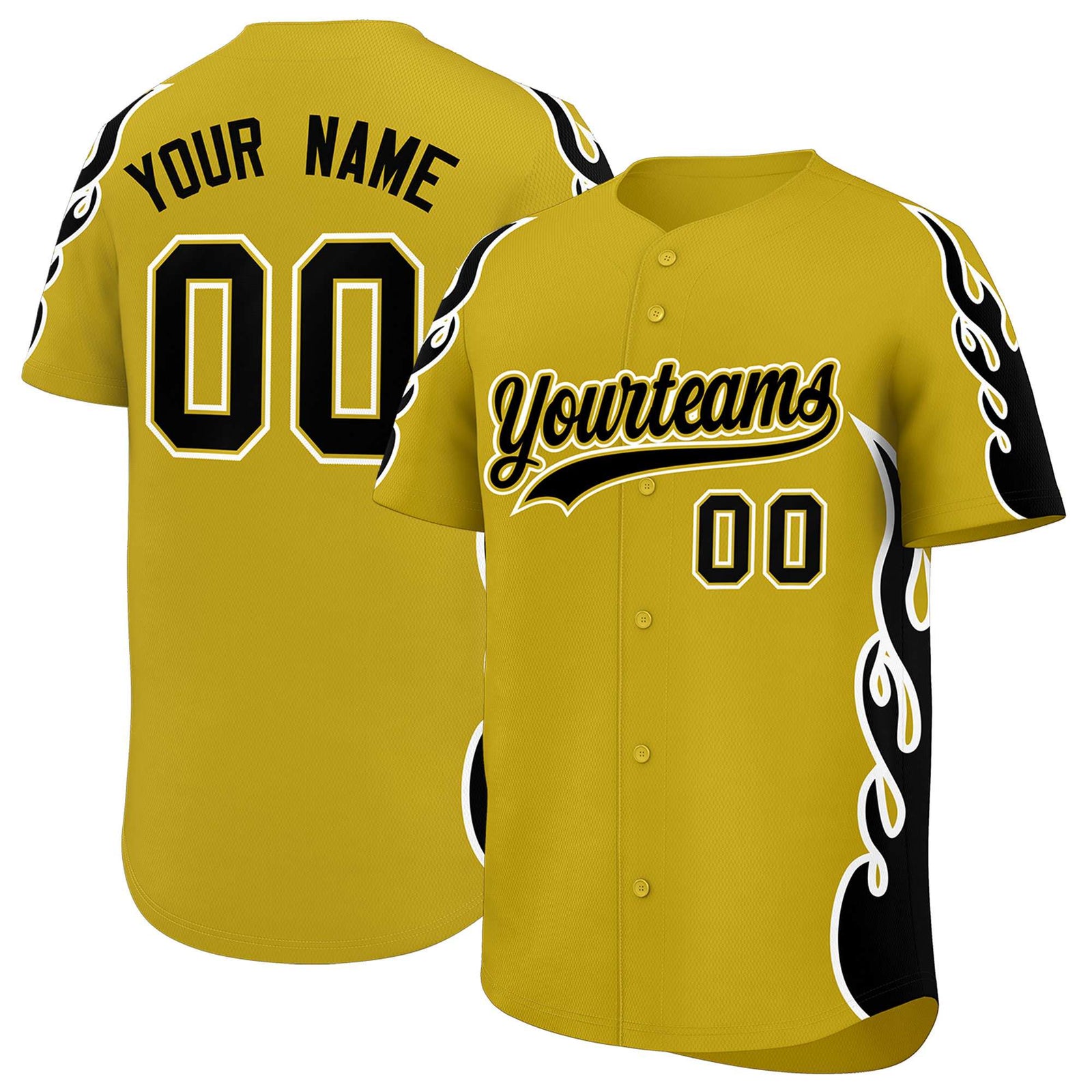 Custom Old Gold Black Side Flame Outline Pattern Sports Uniform Basetball Jersey