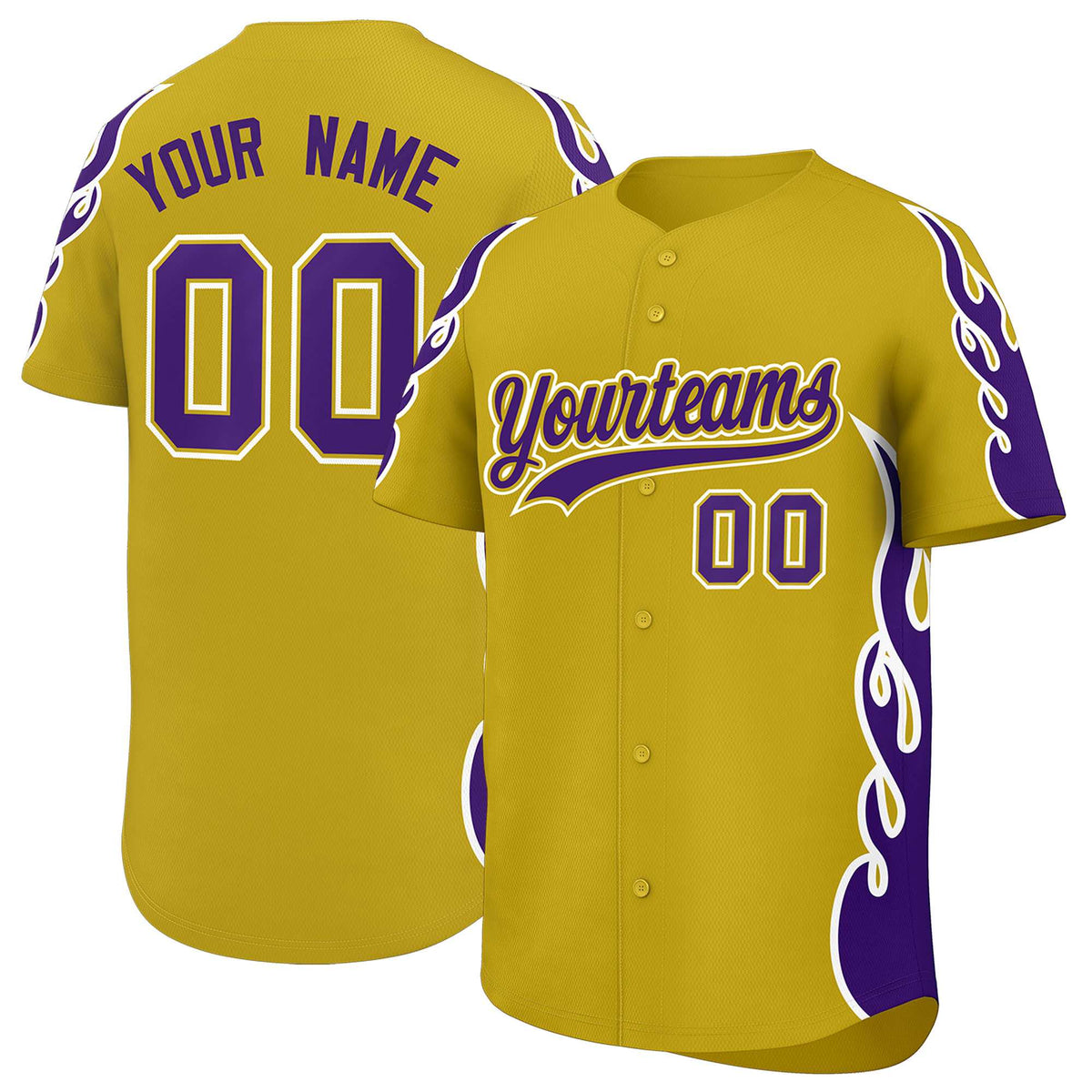 Custom Old Gold Purple Side Flame Outline Pattern Sports Uniform Basetball Jersey