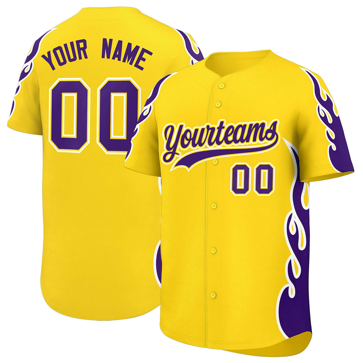 Custom Gold Purple Side Flame Outline Pattern Sports Uniform Basetball Jersey