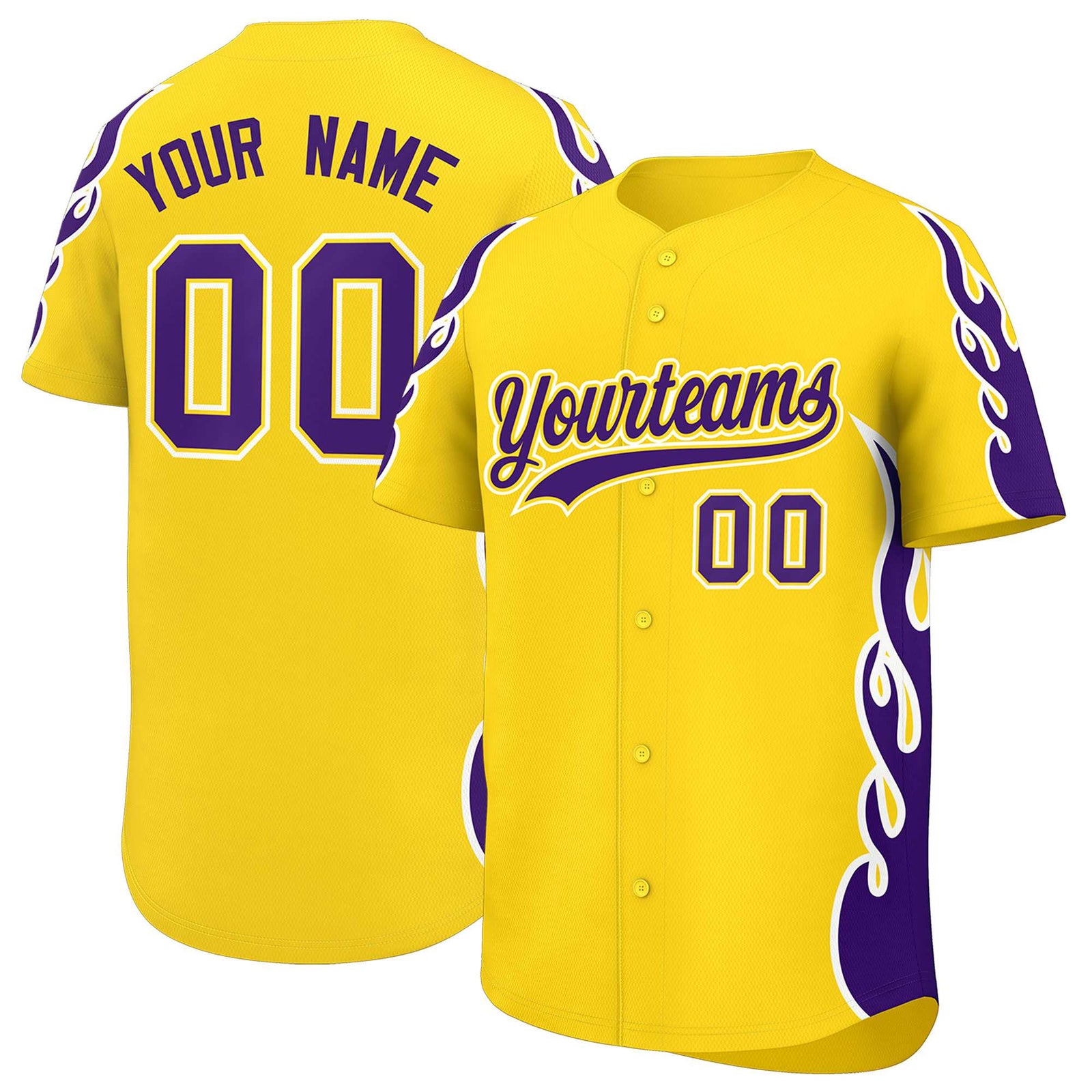 Custom Gold Purple Side Flame Outline Pattern Sports Uniform Basetball Jersey