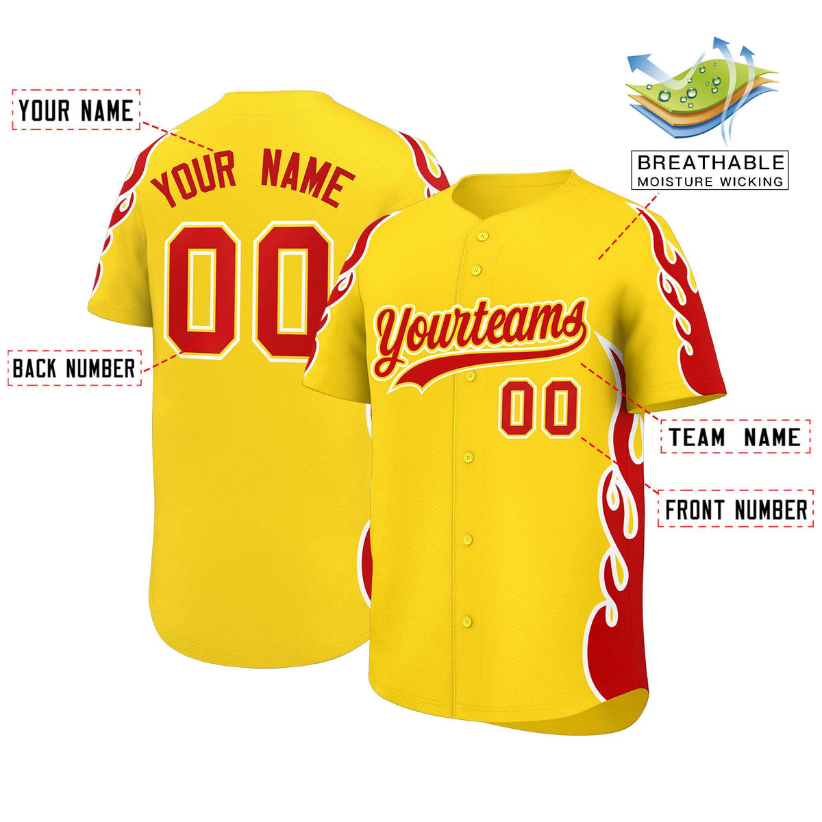 Custom Gold Red Side Flame Outline Pattern Sports Uniform Basetball Jersey