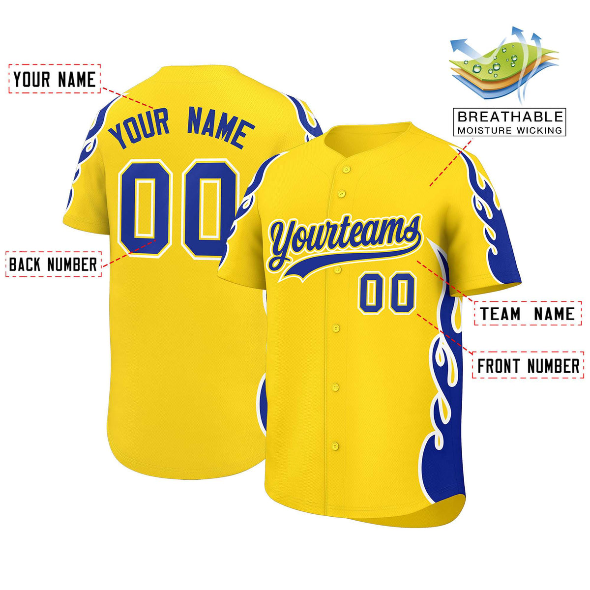 Custom Gold Royal Side Flame Outline Pattern Sports Uniform Basetball Jersey