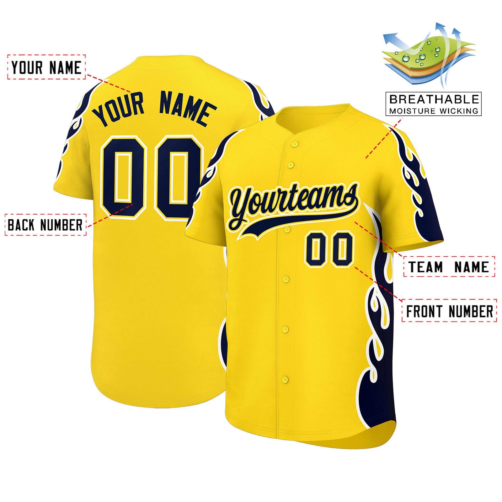 Custom Gold Navy Side Flame Outline Pattern Sports Uniform Basetball Jersey