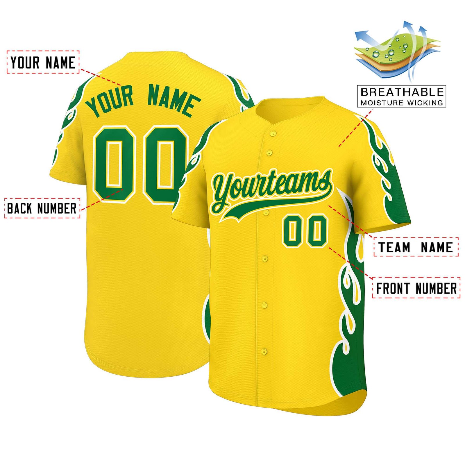 Custom Gold Kelly Green Side Flame Outline Pattern Sports Uniform Basetball Jersey
