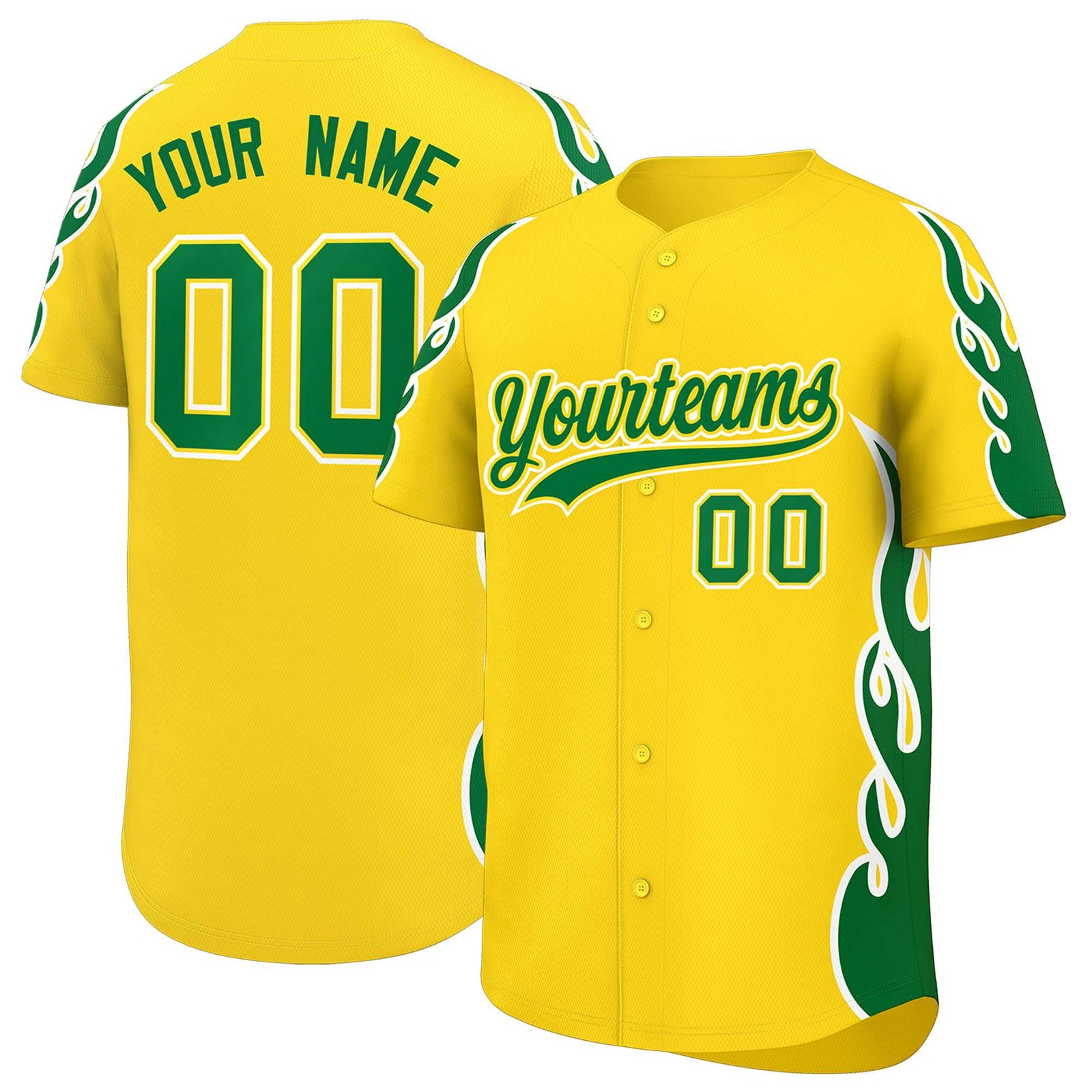 Custom Gold Kelly Green Side Flame Outline Pattern Sports Uniform Basetball Jersey