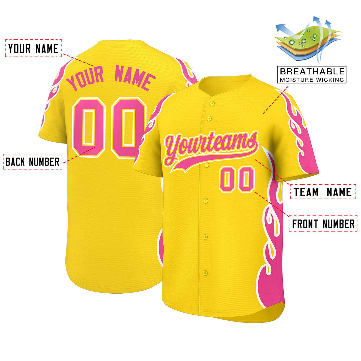 Custom Gold Pink Side Flame Outline Pattern Sports Uniform Basetball Jersey