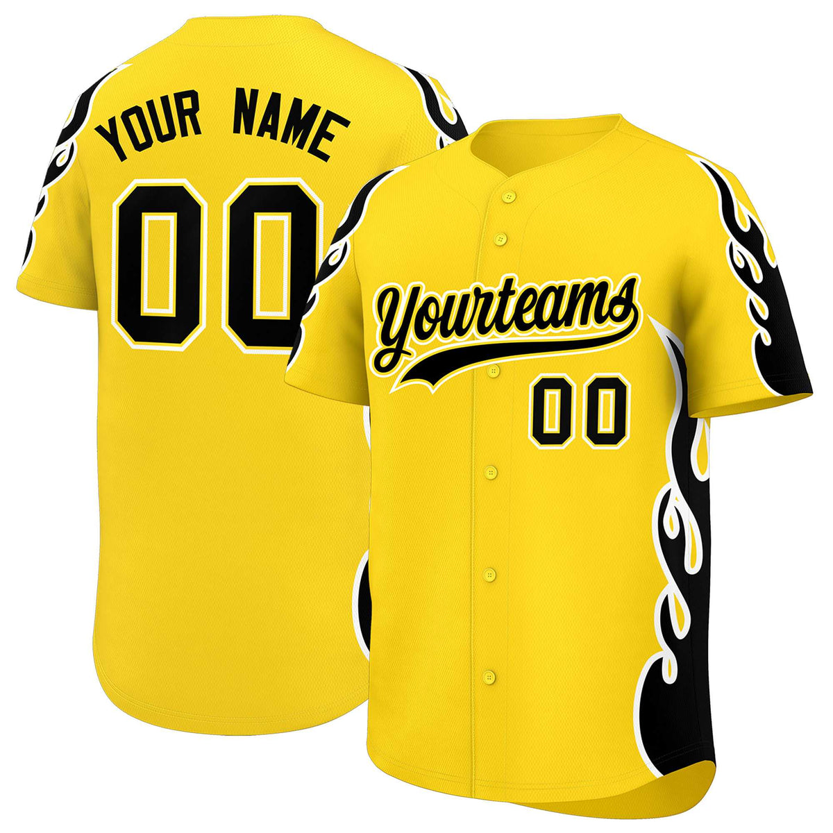 Custom Gold Black Side Flame Outline Pattern Sports Uniform Basetball Jersey