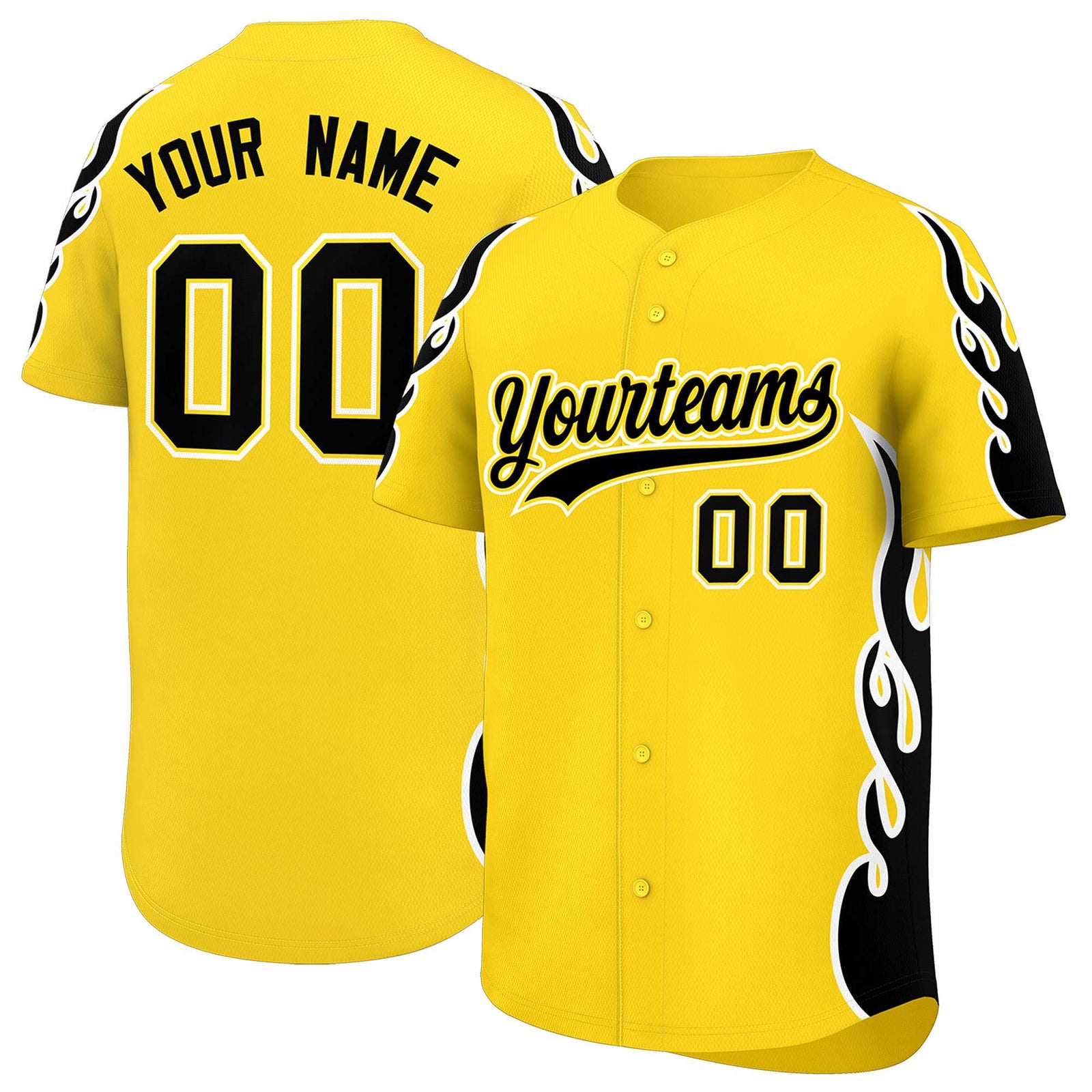 Custom Gold Black Side Flame Outline Pattern Sports Uniform Basetball Jersey