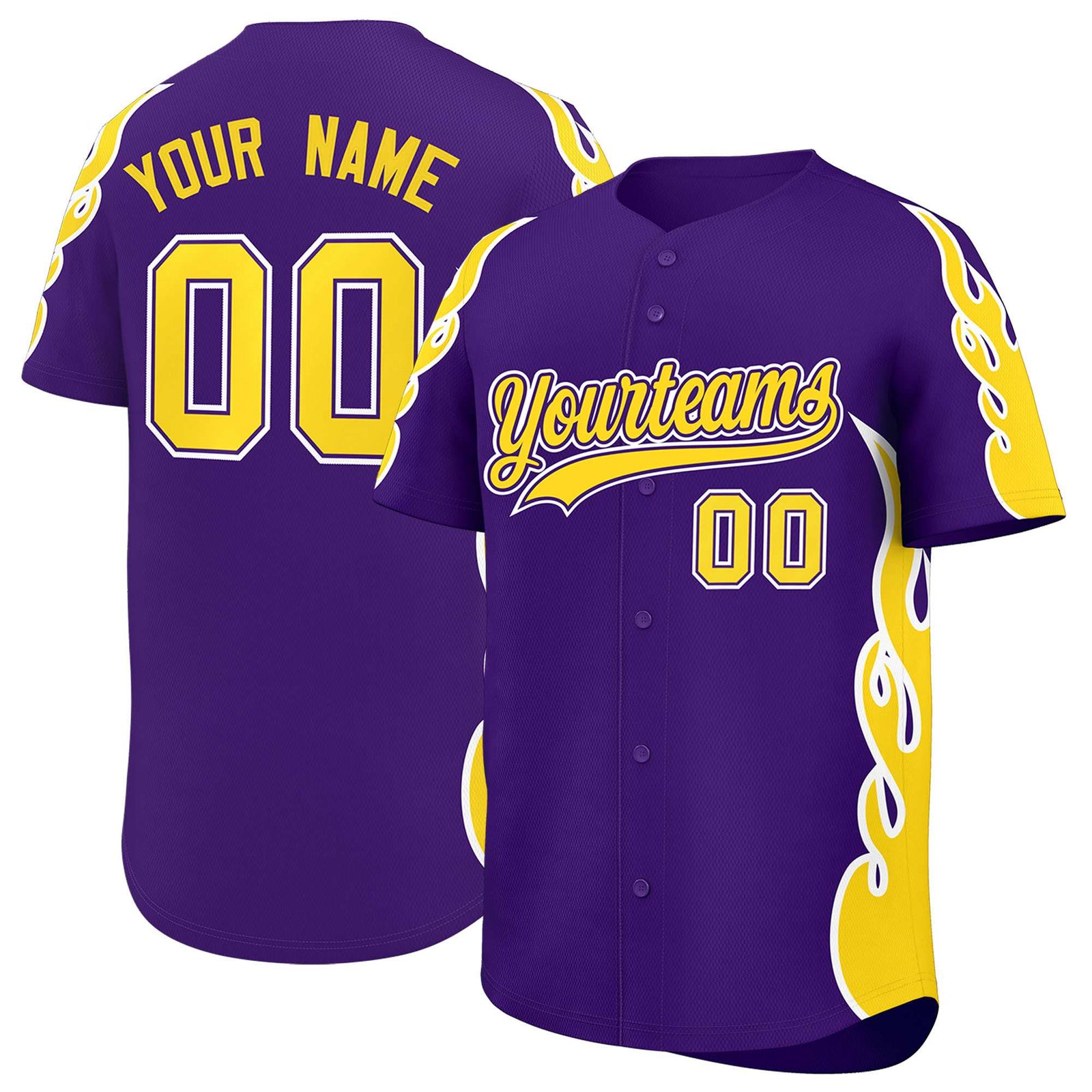 Custom Purple Gold Side Flame Outline Pattern Sports Uniform Basetball Jersey