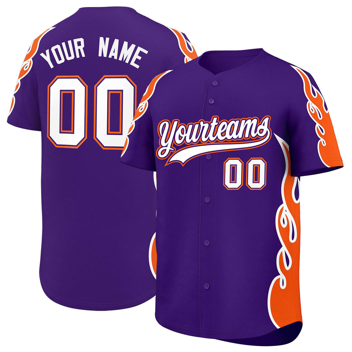 Custom Purple Orange Side Flame Outline Pattern Sports Uniform Basetball Jersey