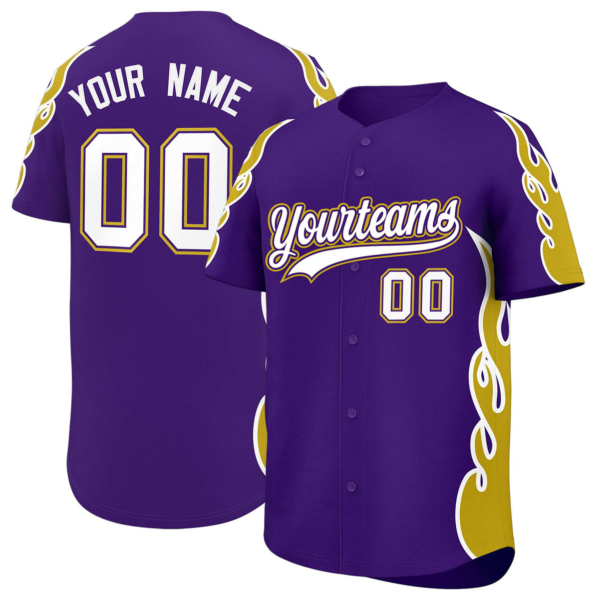 Custom Purple Old Gold Side Flame Outline Pattern Sports Uniform Basetball Jersey