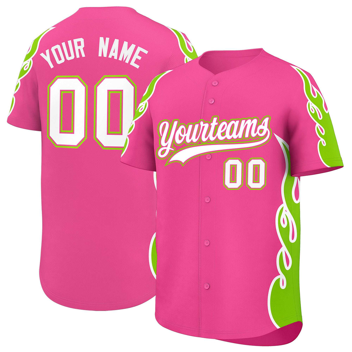 Custom Pink Neon Green Side Flame Outline Pattern Sports Uniform Basetball Jersey