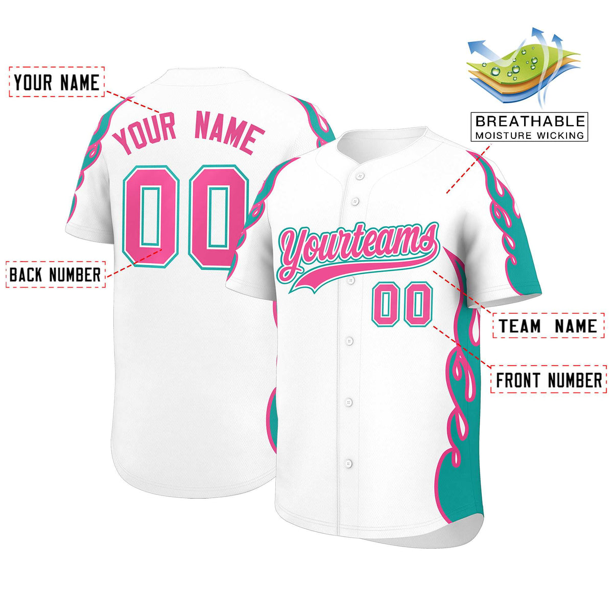 Custom White Aqua Side Flame Outline Pattern Sports Uniform Basetball Jersey