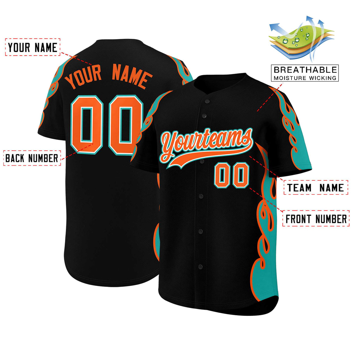 Custom Black Aqua Side Flame Outline Pattern Sports Uniform Basetball Jersey