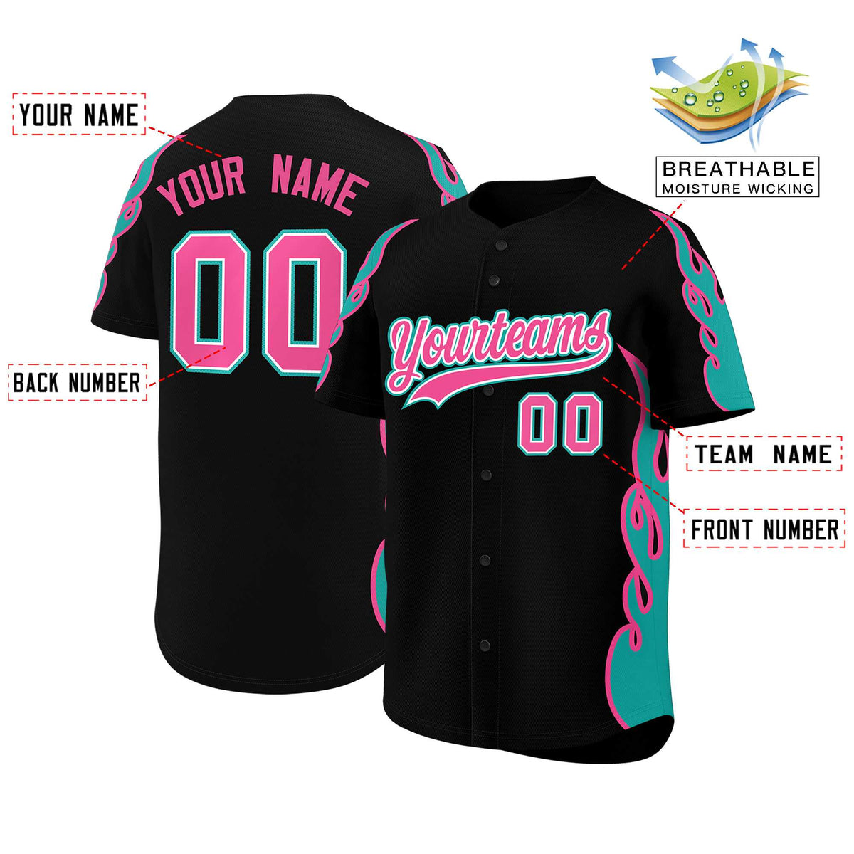 Custom Black Aqua Side Flame Outline Pattern Sports Uniform Basetball Jersey