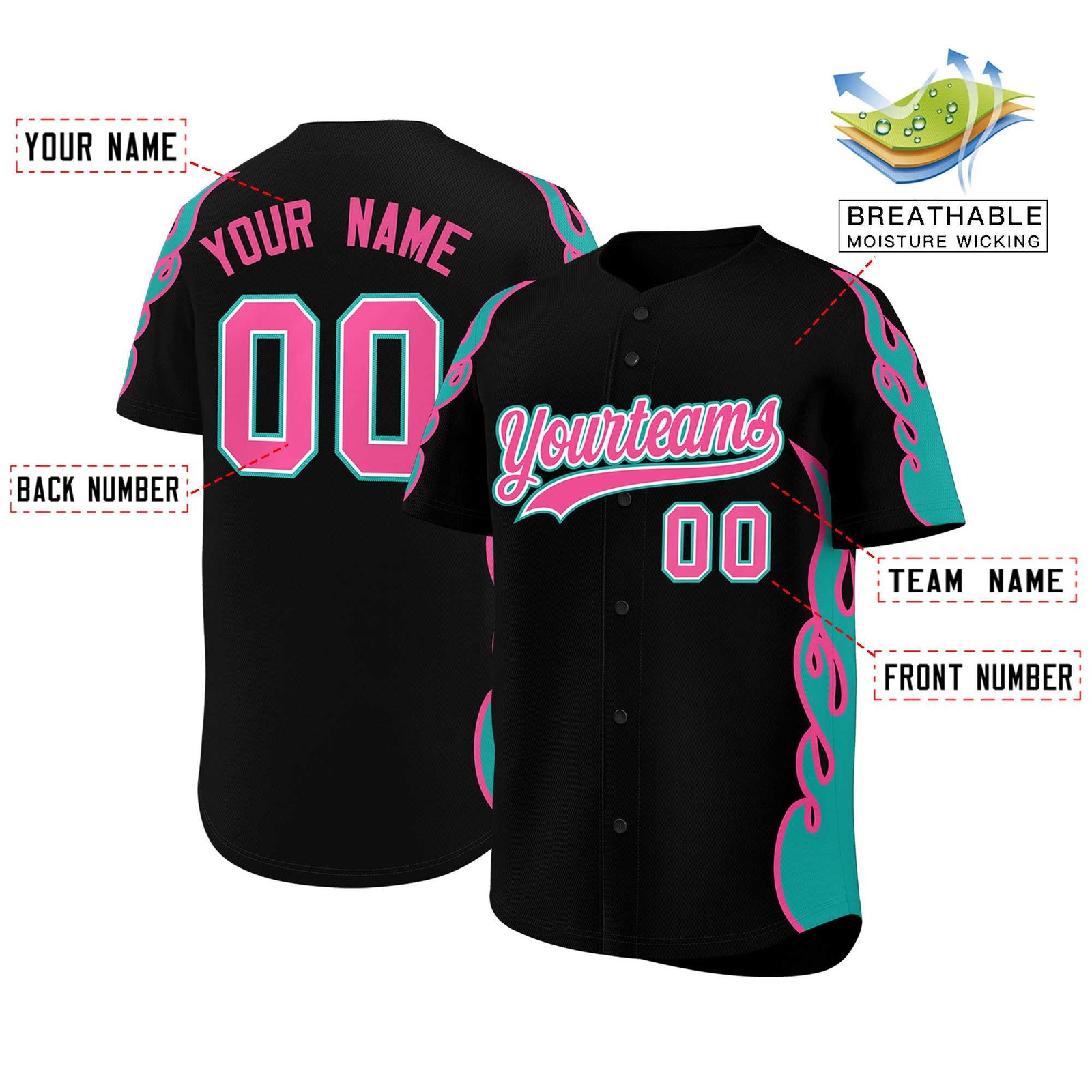 Custom Black Aqua Side Flame Outline Pattern Sports Uniform Basetball Jersey