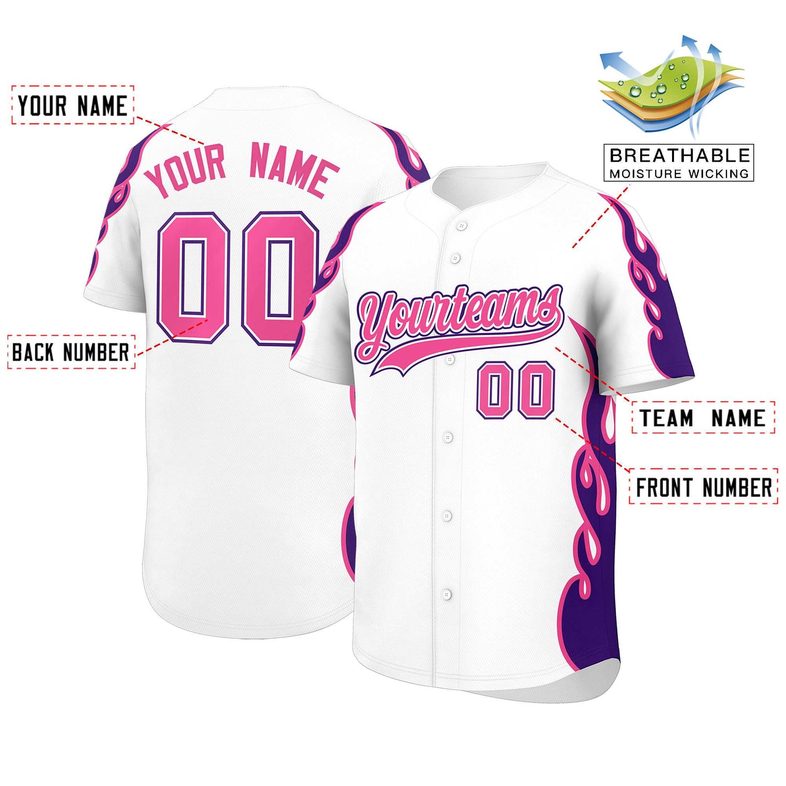 Custom White Purple Side Flame Outline Pattern Sports Uniform Basetball Jersey