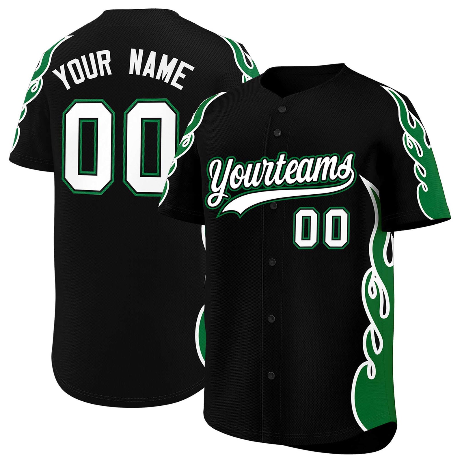Custom Black Kelly Green Side Flame Outline Pattern Sports Uniform Basetball Jersey