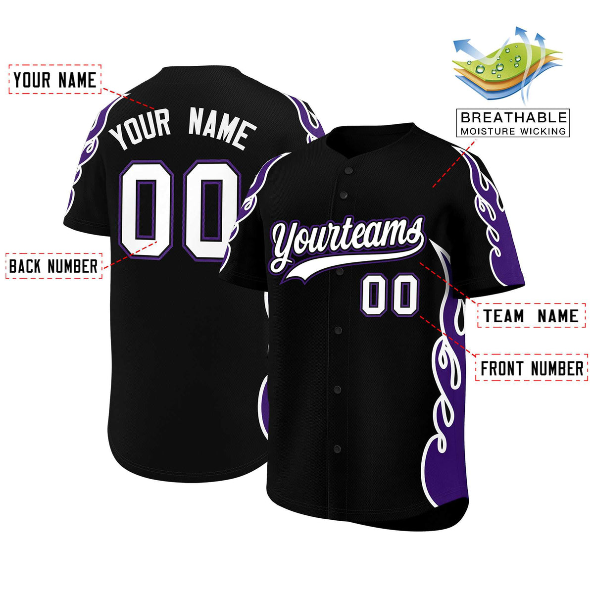 Custom Black Purple Side Flame Outline Pattern Sports Uniform Basetball Jersey