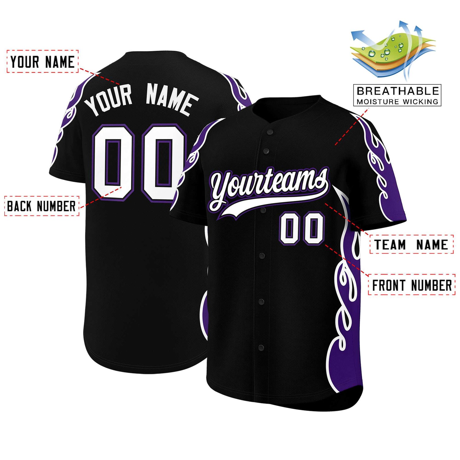 Custom Black Purple Side Flame Outline Pattern Sports Uniform Basetball Jersey