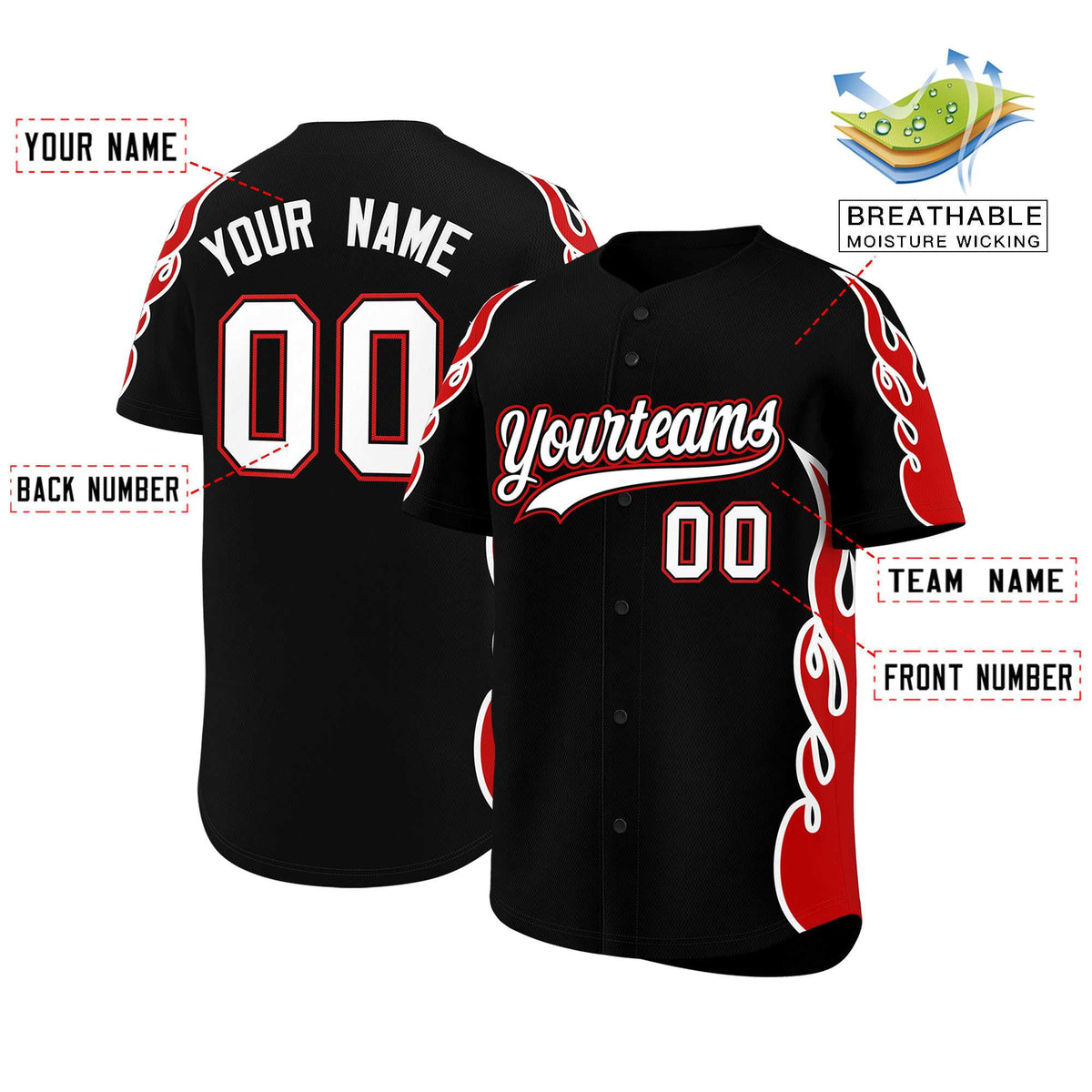 Custom Black Red Side Flame Outline Pattern Sports Uniform Basetball Jersey