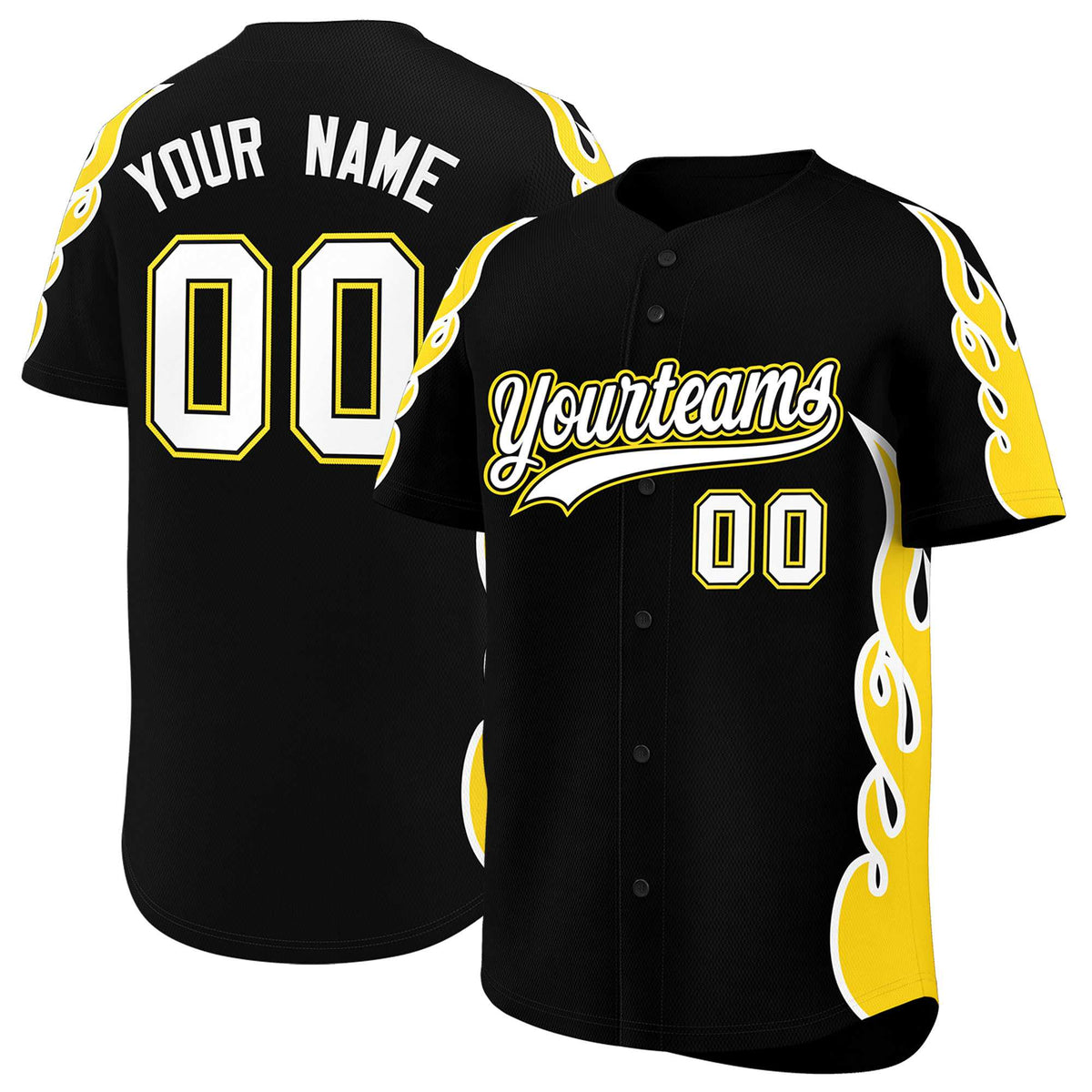 Custom Black Gold Side Flame Outline Pattern Sports Uniform Basetball Jersey