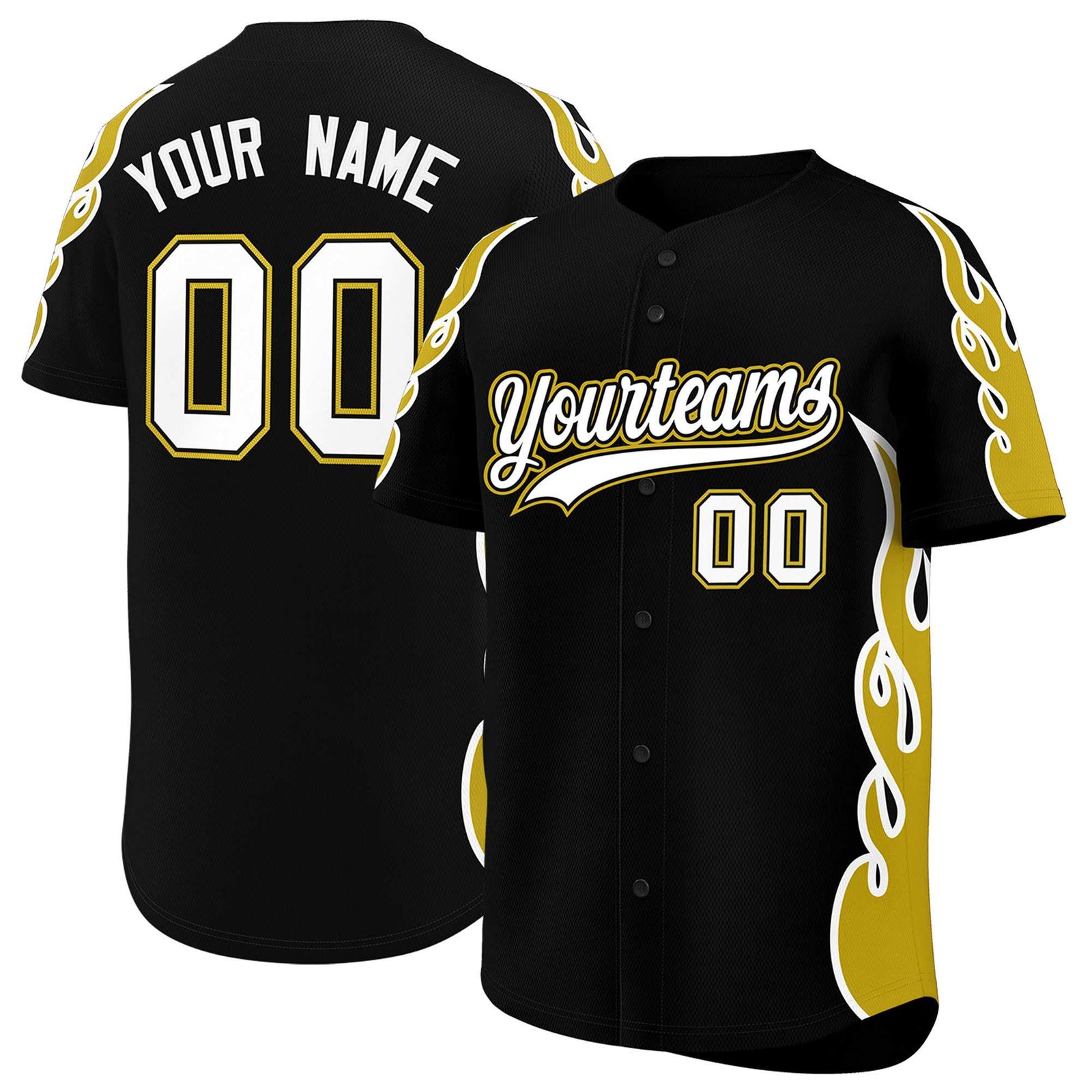 Custom Black Old Gold Side Flame Outline Pattern Sports Uniform Basetball Jersey
