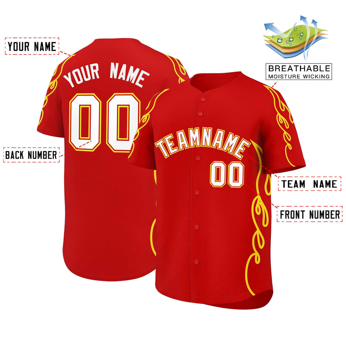 Custom Red Gold Side Flame Outline Pattern Sports Uniform Basetball Jersey