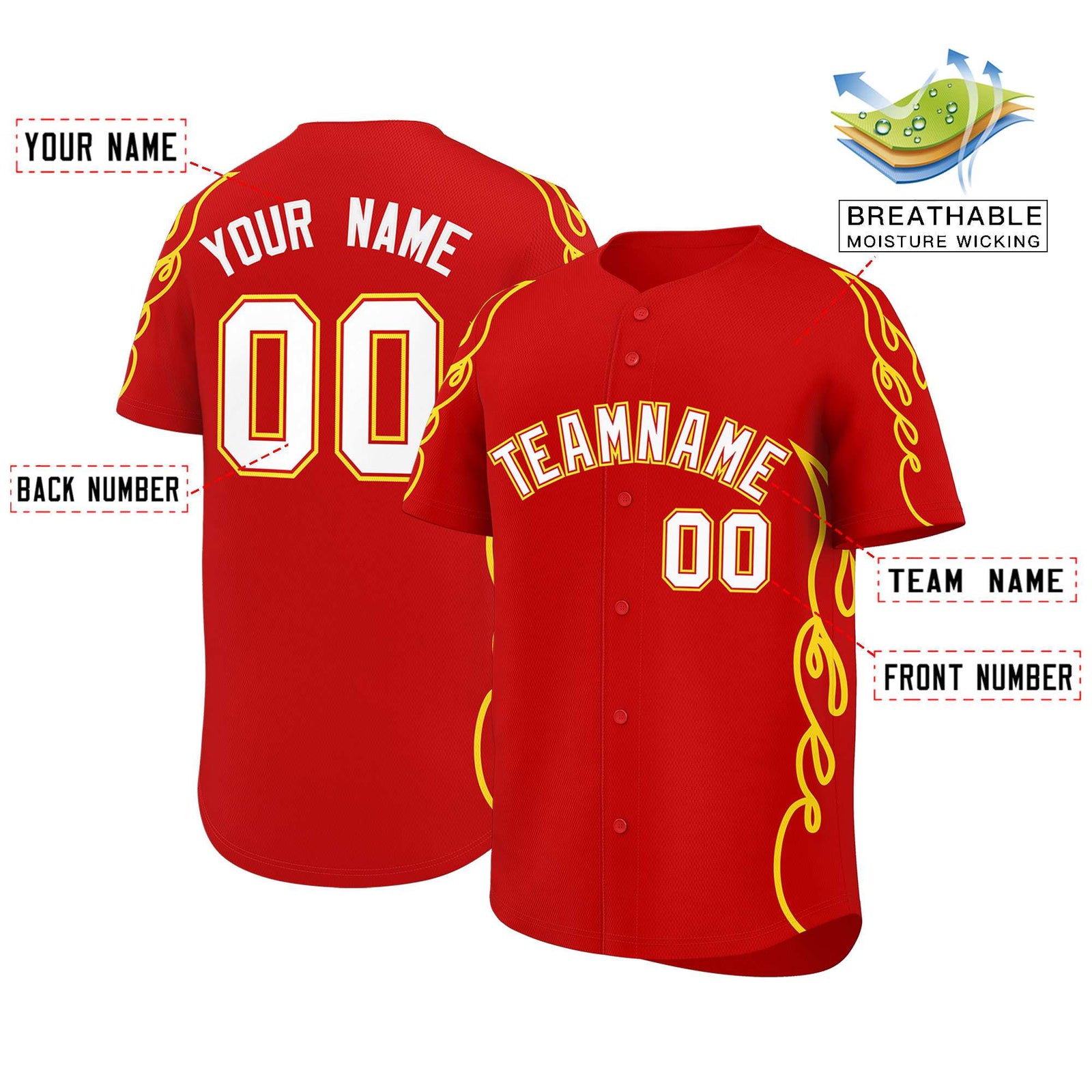 Custom Red Gold Side Flame Outline Pattern Sports Uniform Basetball Jersey