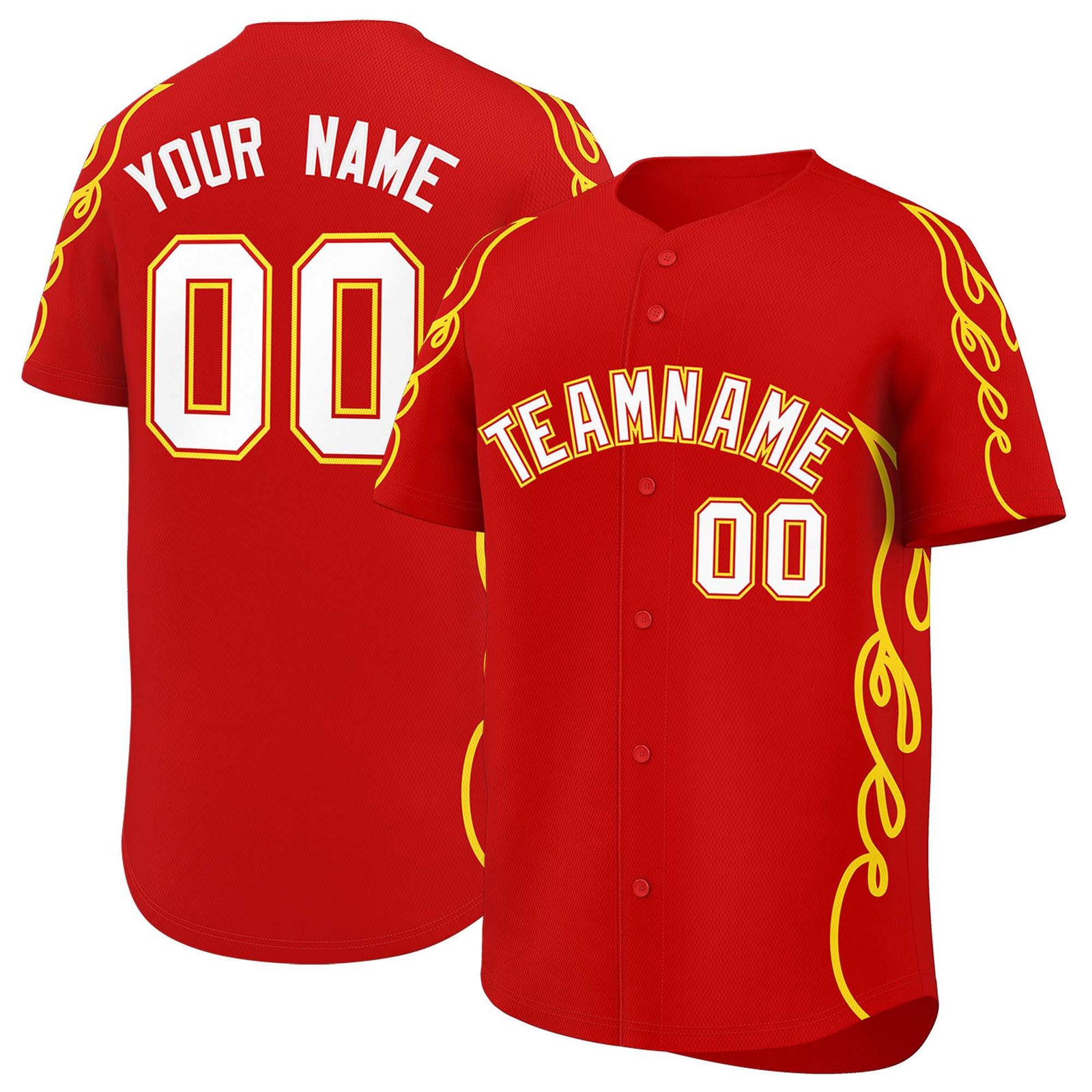 Custom Red Gold Side Flame Outline Pattern Sports Uniform Basetball Jersey