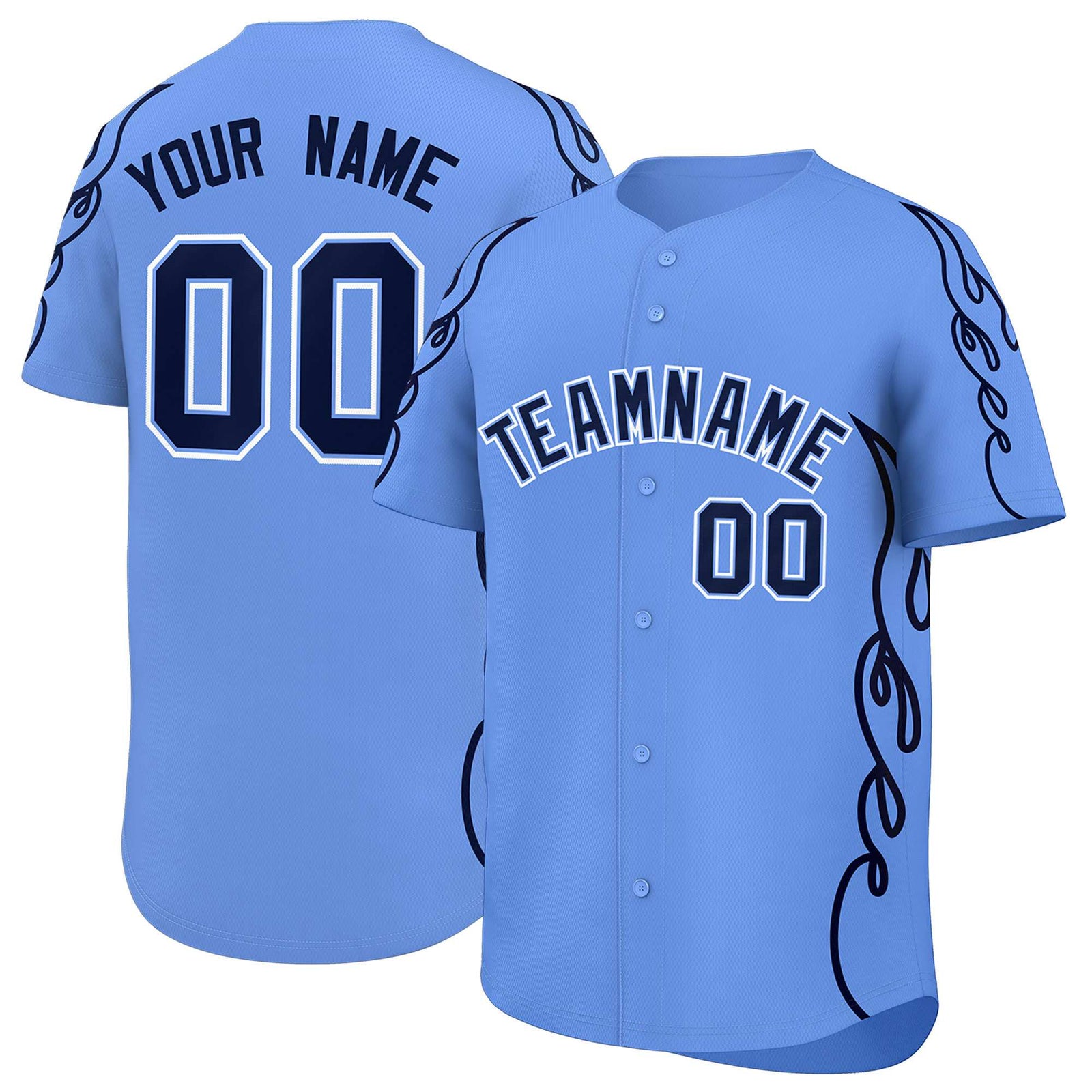 Custom Light Blue Navy Side Flame Outline Pattern Sports Uniform Basetball Jersey