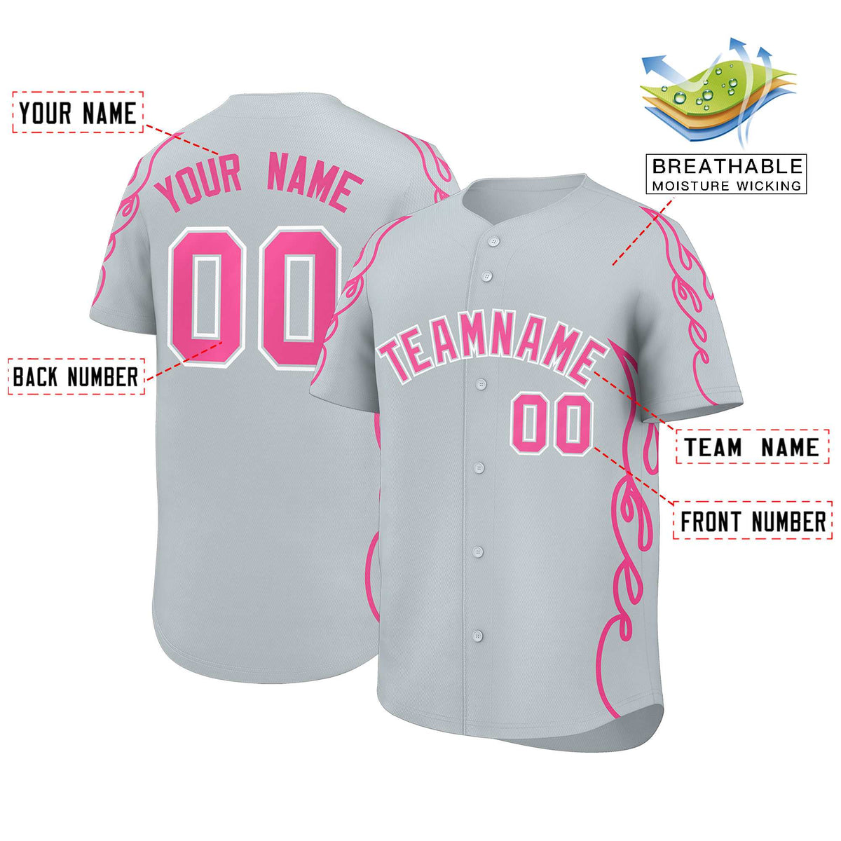Custom Silver Pink Side Flame Outline Pattern Sports Uniform Basetball Jersey