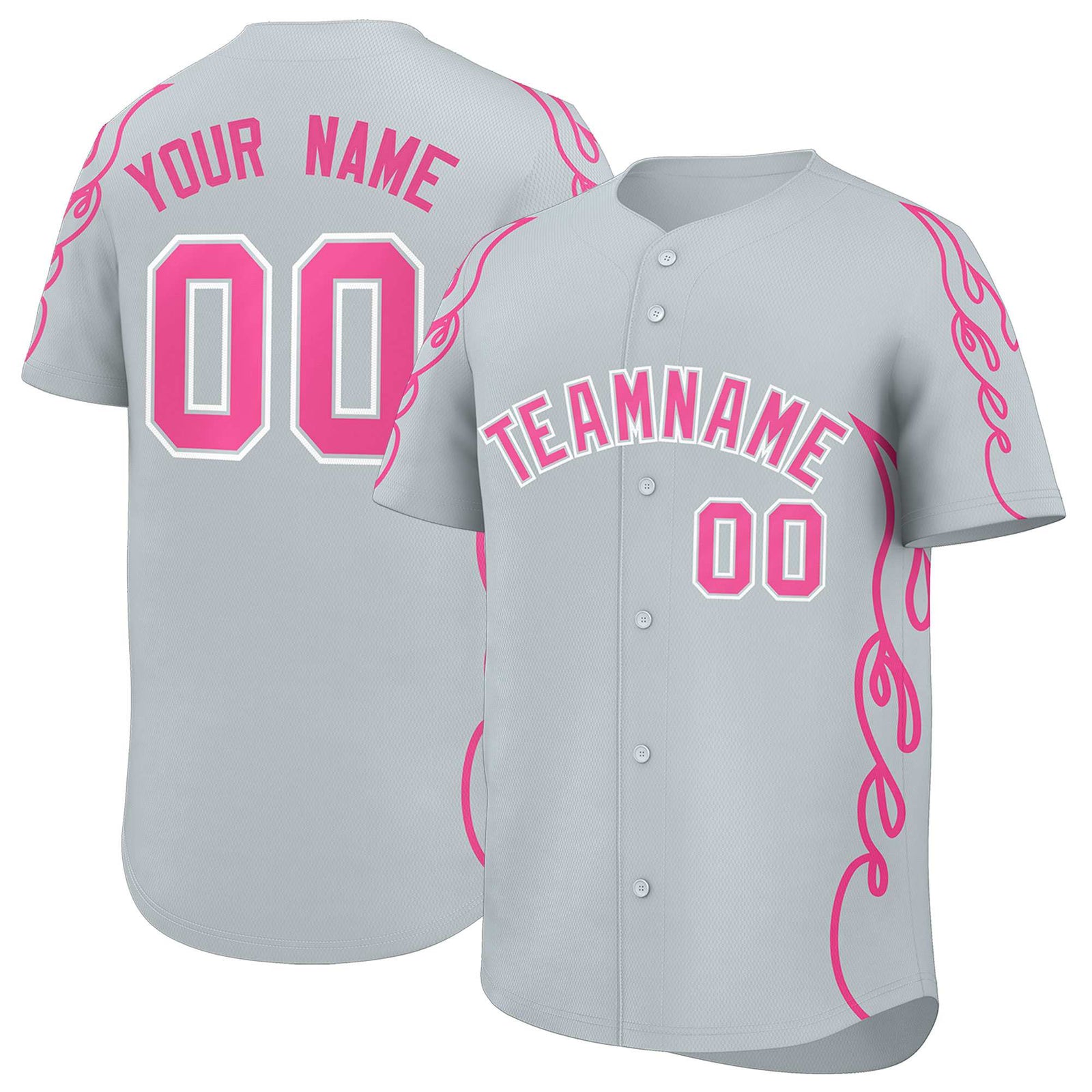 Custom Silver Pink Side Flame Outline Pattern Sports Uniform Basetball Jersey