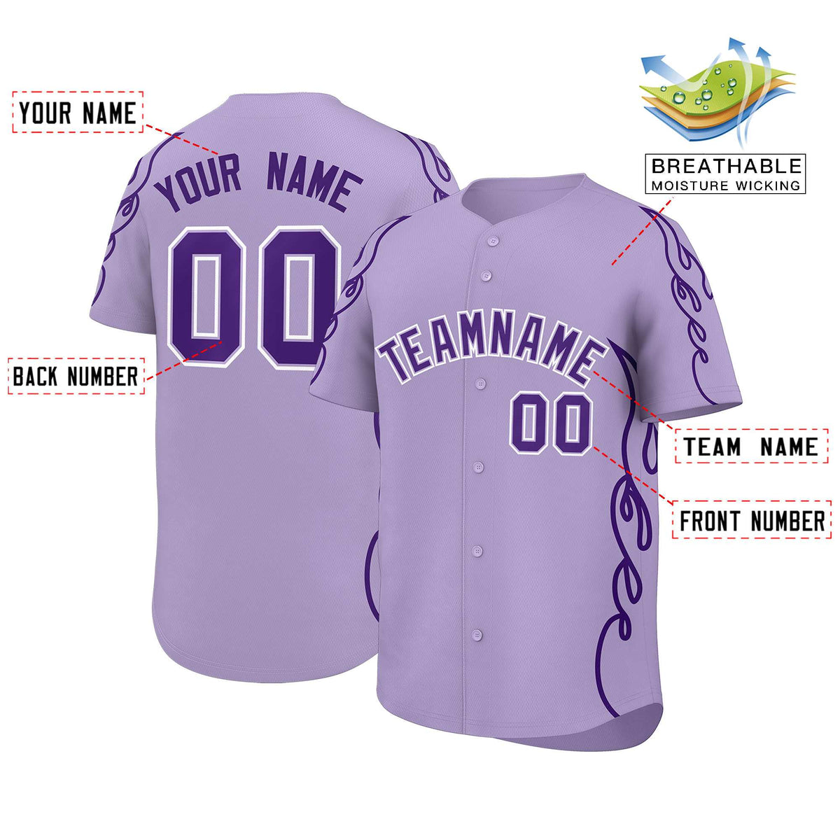 Custom Light Purple Purple Side Flame Outline Pattern Sports Uniform Basetball Jersey