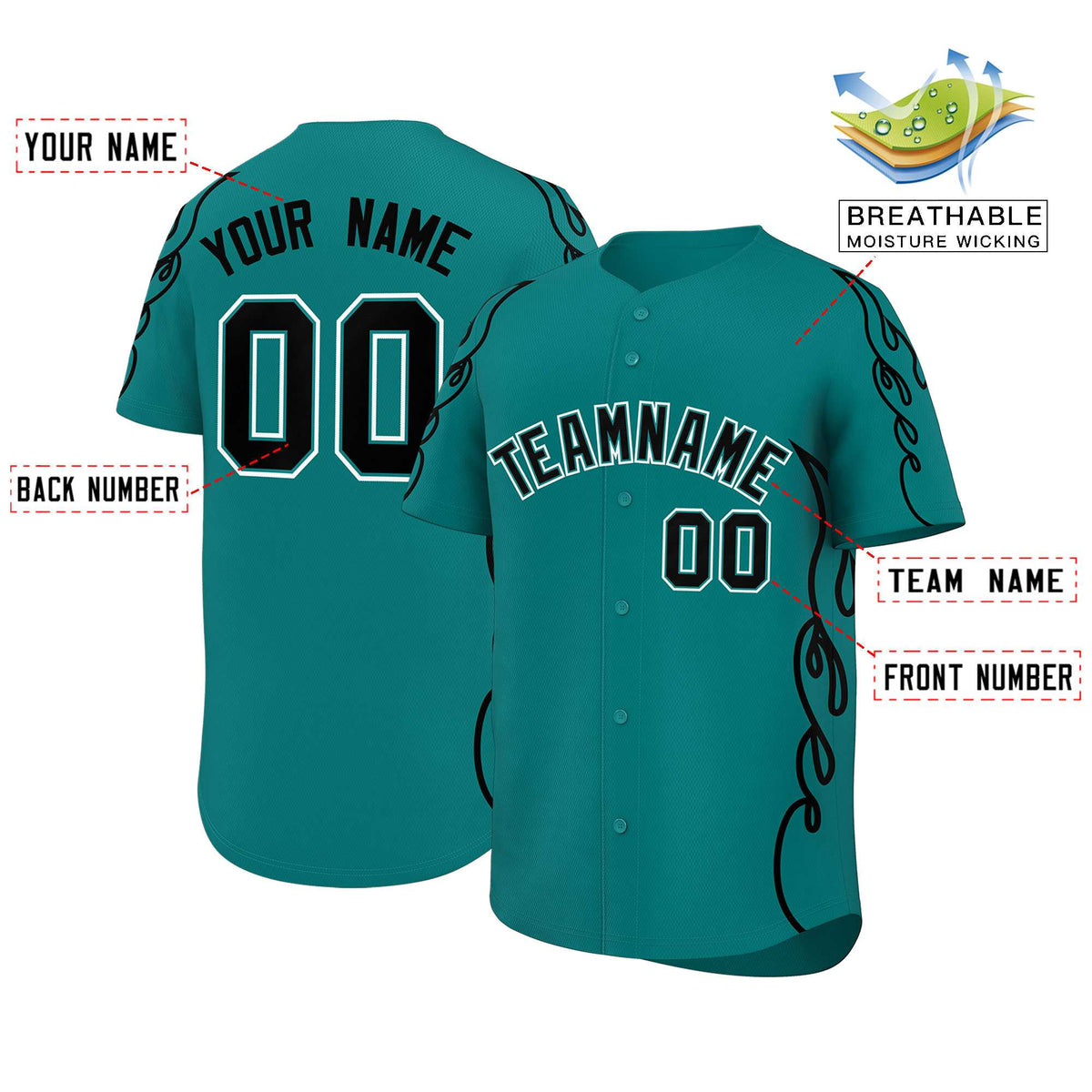 Custom Teal Black Side Flame Outline Pattern Sports Uniform Basetball Jersey
