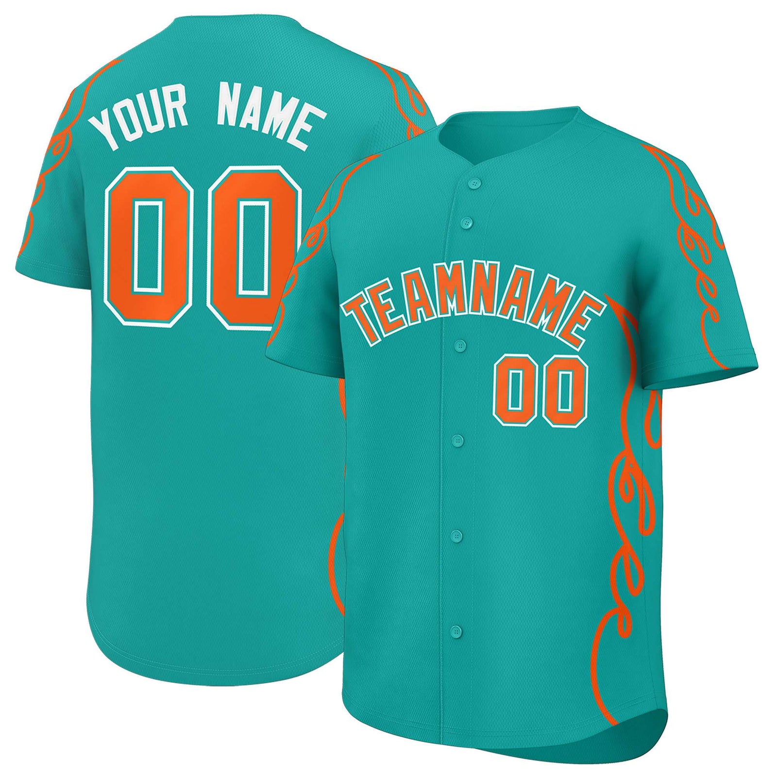 Custom Aqua Orange Side Flame Outline Pattern Sports Uniform Basetball Jersey