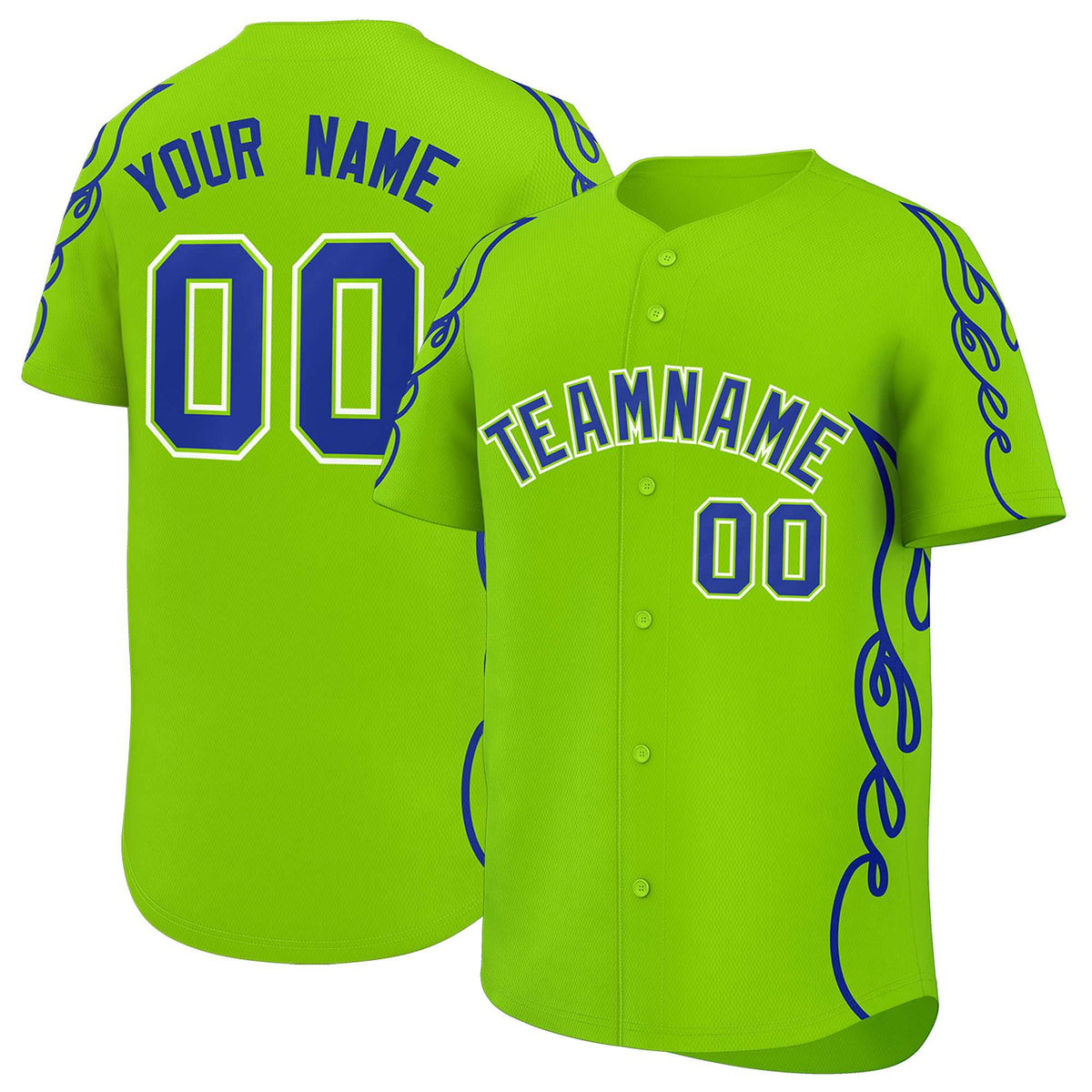 Custom Neon Green Royal Side Flame Outline Pattern Sports Uniform Basetball Jersey