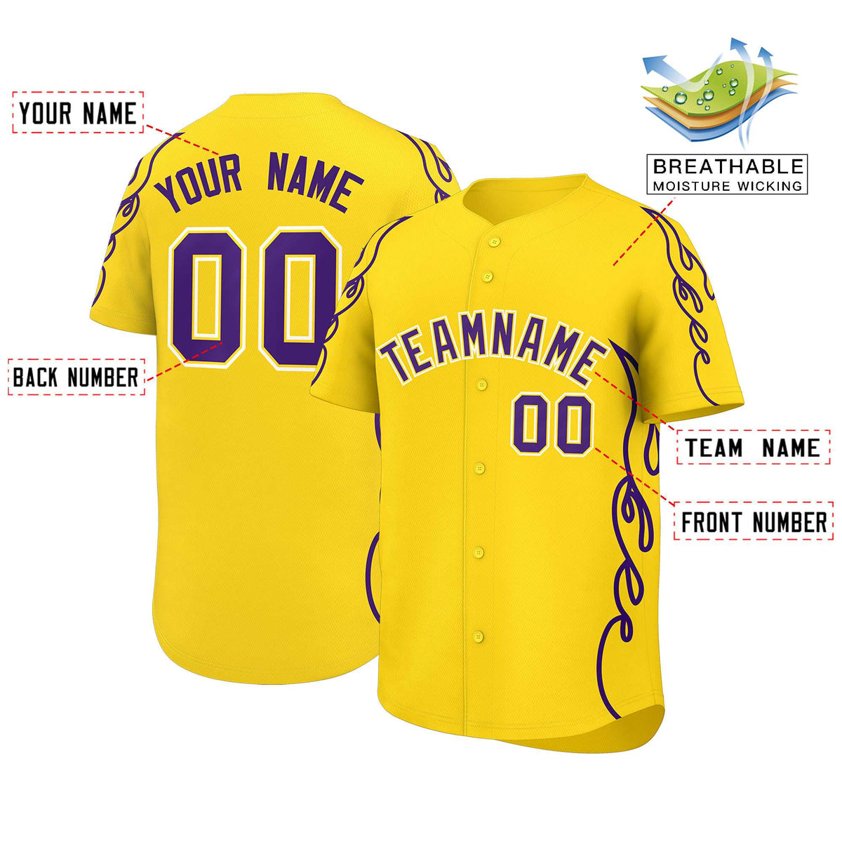 Custom Gold Purple Side Flame Outline Pattern Sports Uniform Basetball Jersey