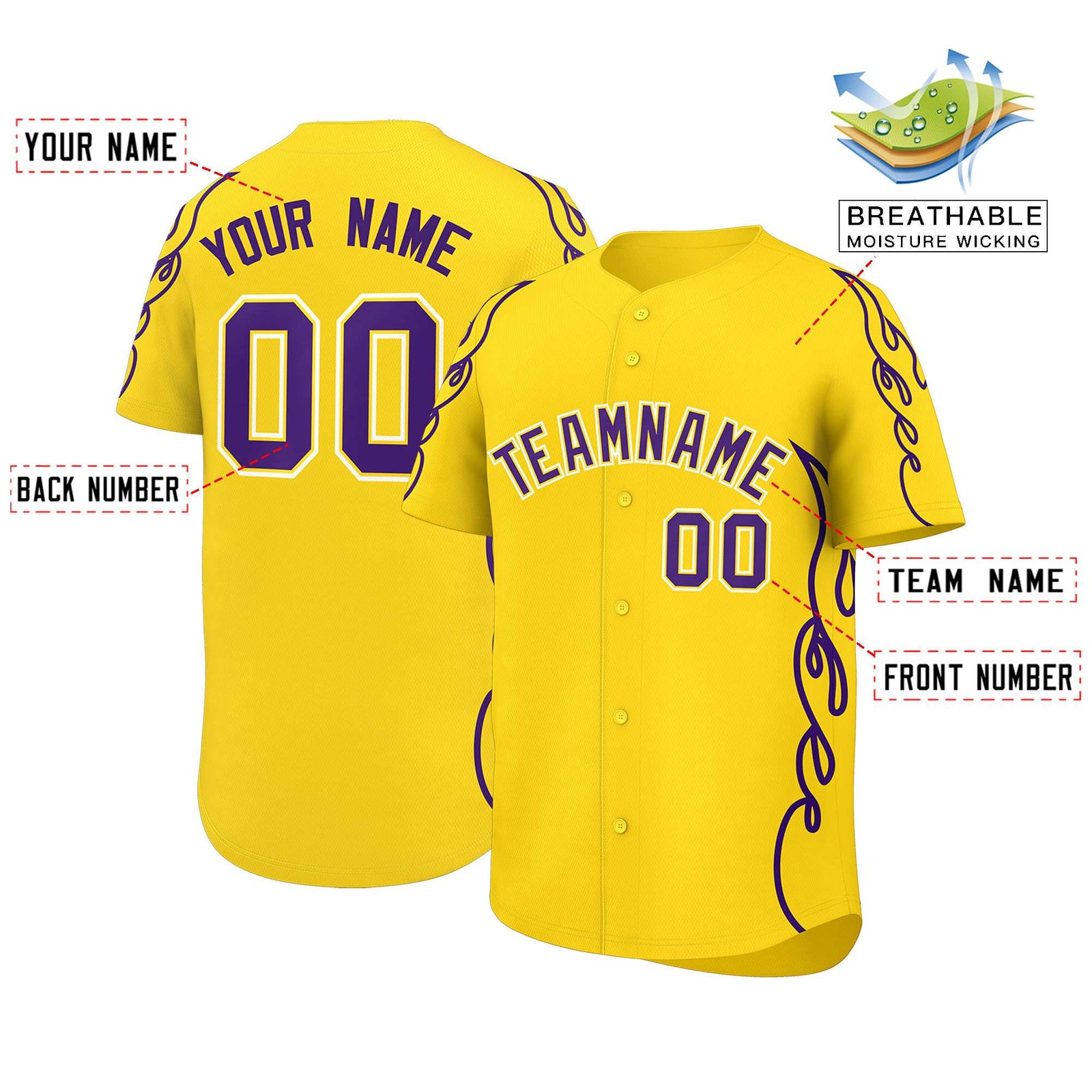 Custom Gold Purple Side Flame Outline Pattern Sports Uniform Basetball Jersey