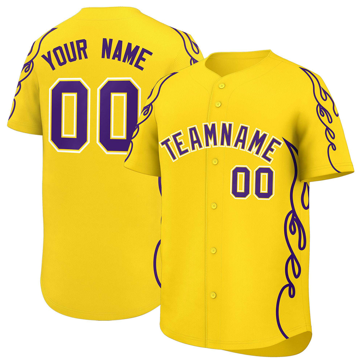 Custom Gold Purple Side Flame Outline Pattern Sports Uniform Basetball Jersey