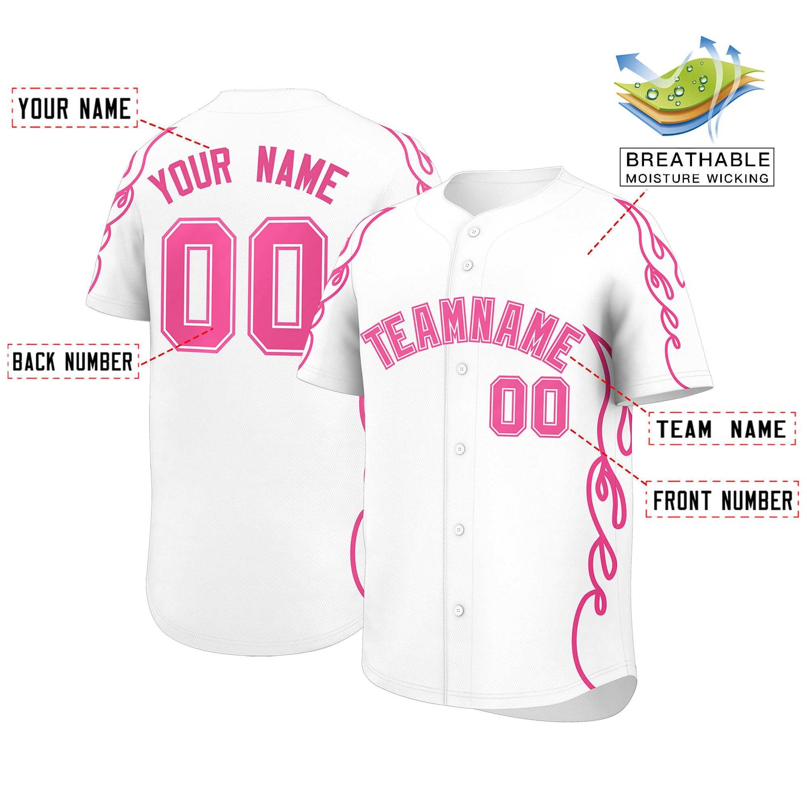 Custom White Pink Side Flame Outline Pattern Sports Uniform Basetball Jersey